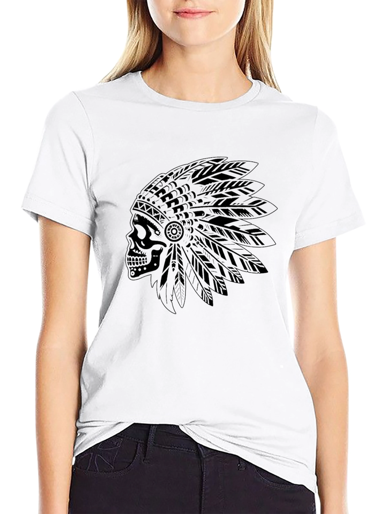 Skull Indian Headdress Black T-Shirt
