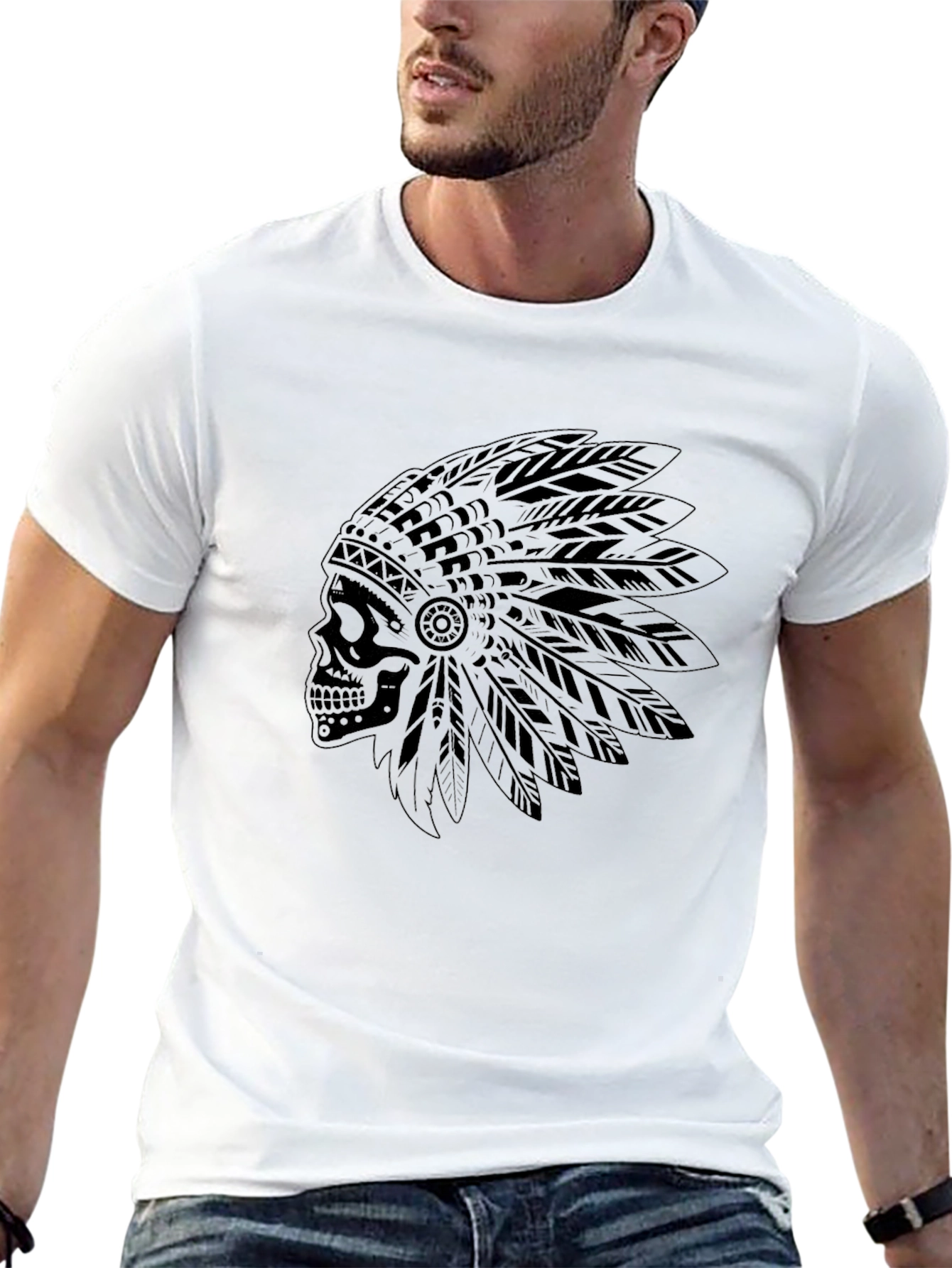 Skull Indian Headdress Black T-Shirt