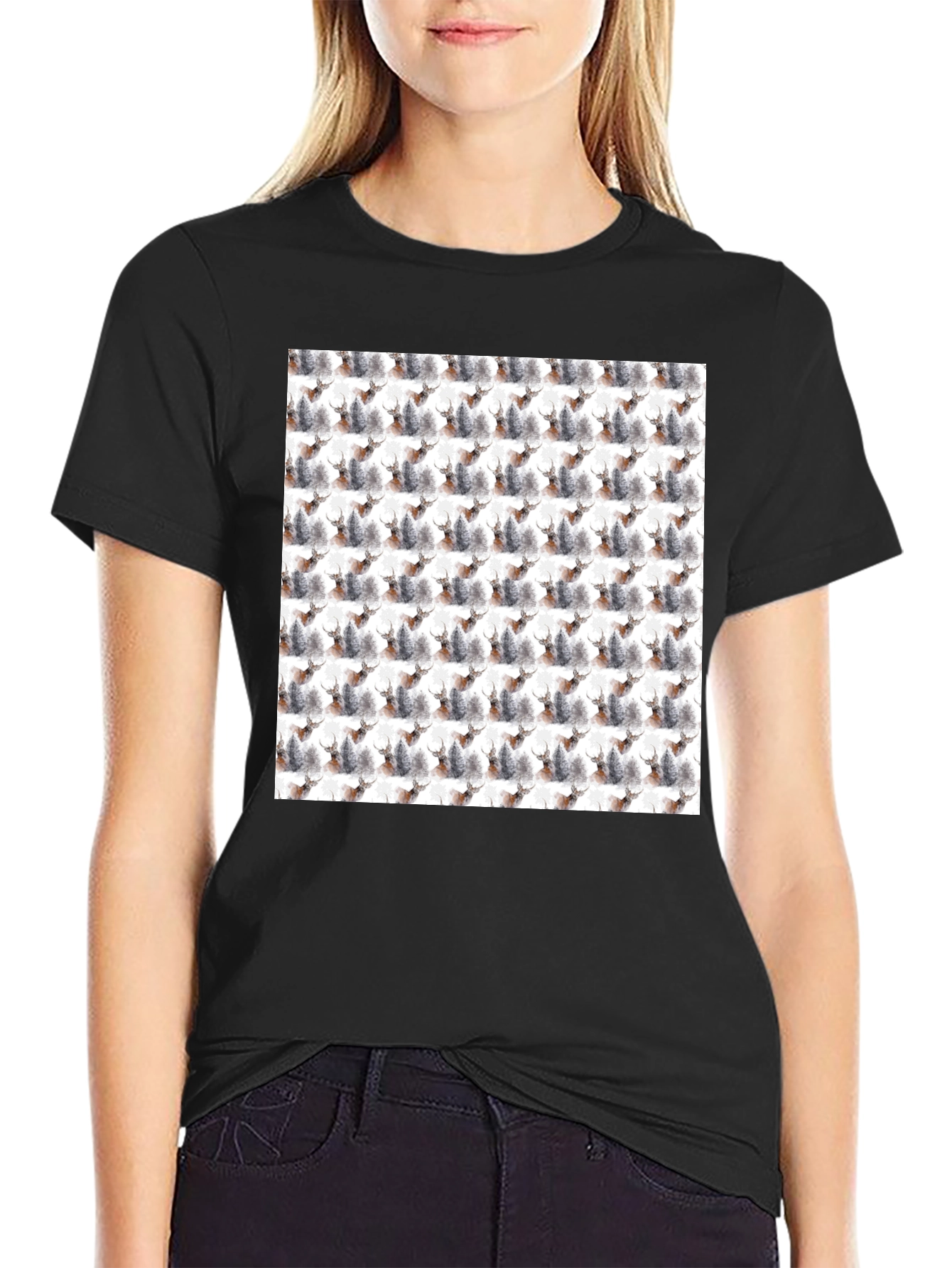 Deer Forest Pattern Black T-Shirt