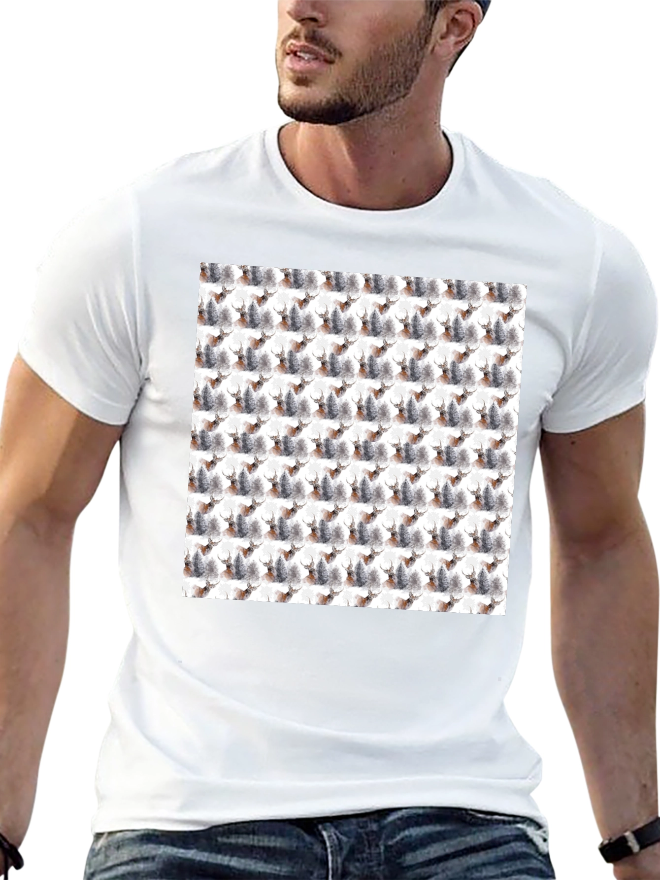 Deer Forest Pattern Black T-Shirt
