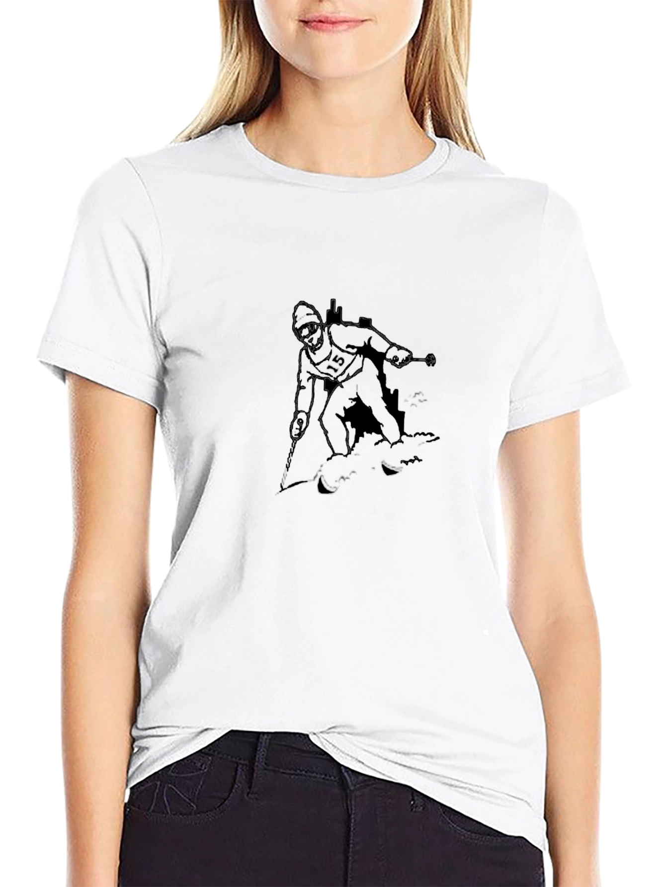 Skier Graphic Tee - Black Cotton Casual