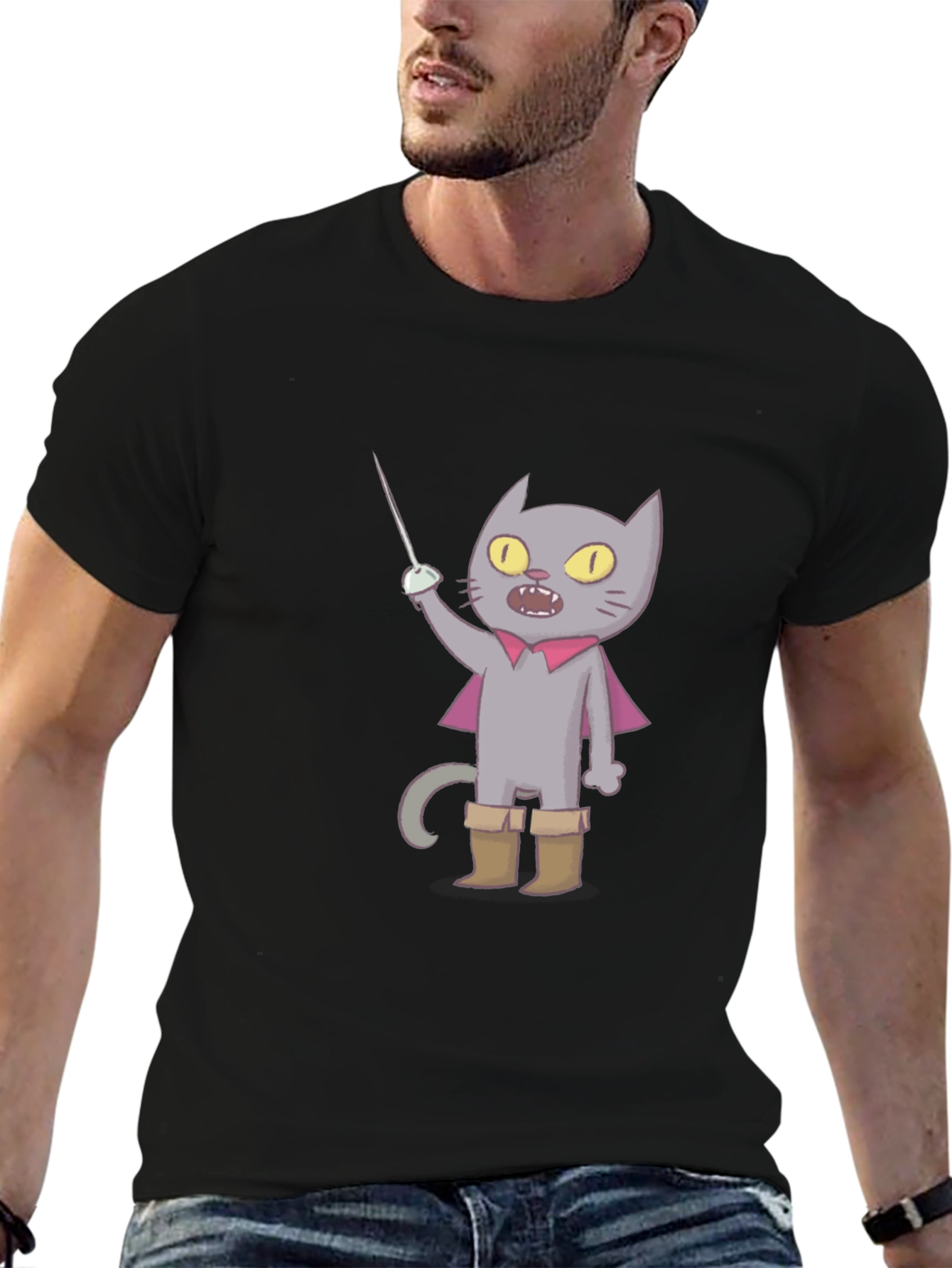 Cartoon Cat with Sword T-Shirt
