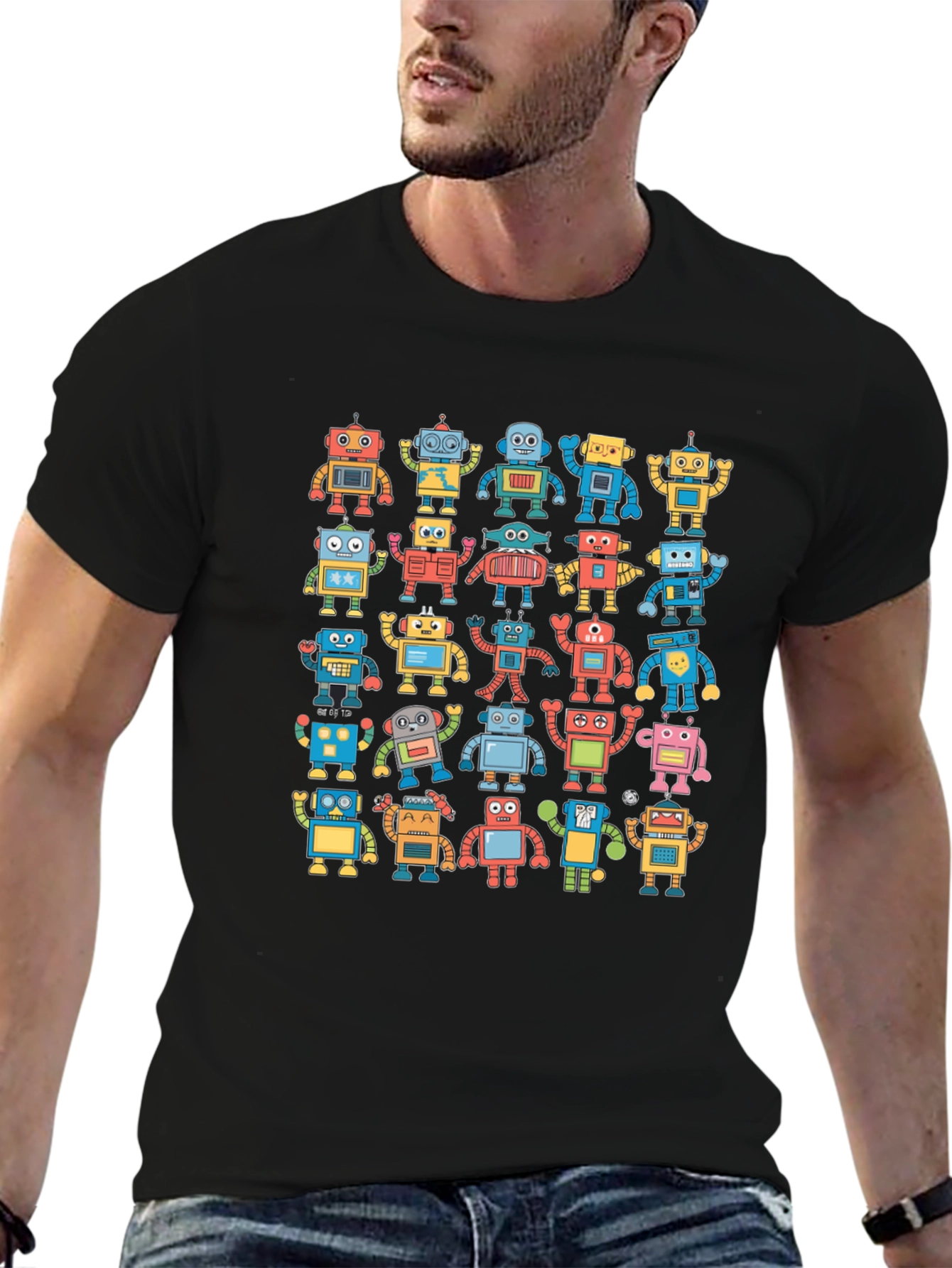 Retro Robot Print Black T-Shirt