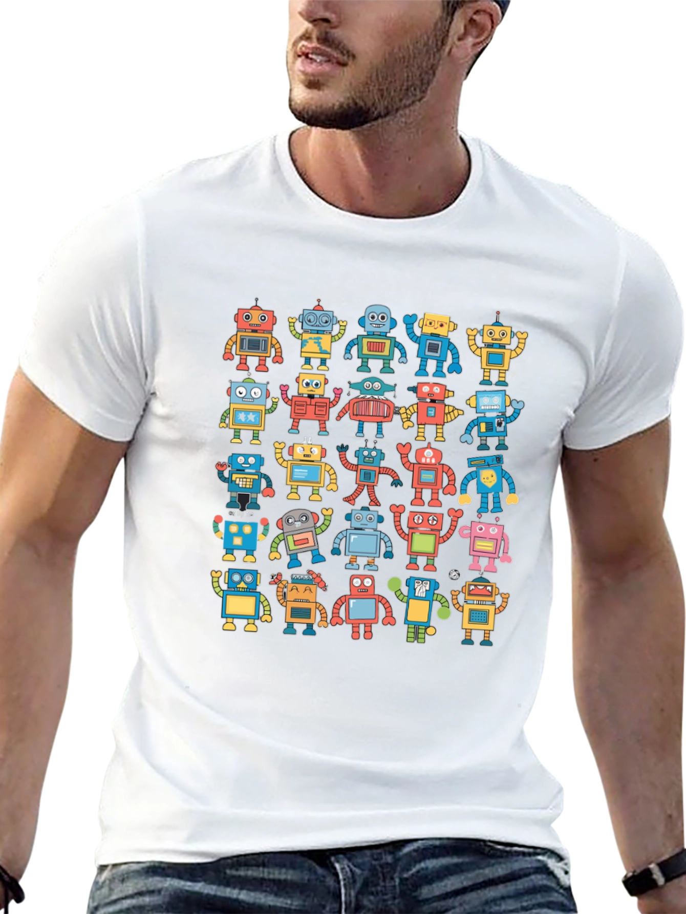 Retro Robot Print Black T-Shirt