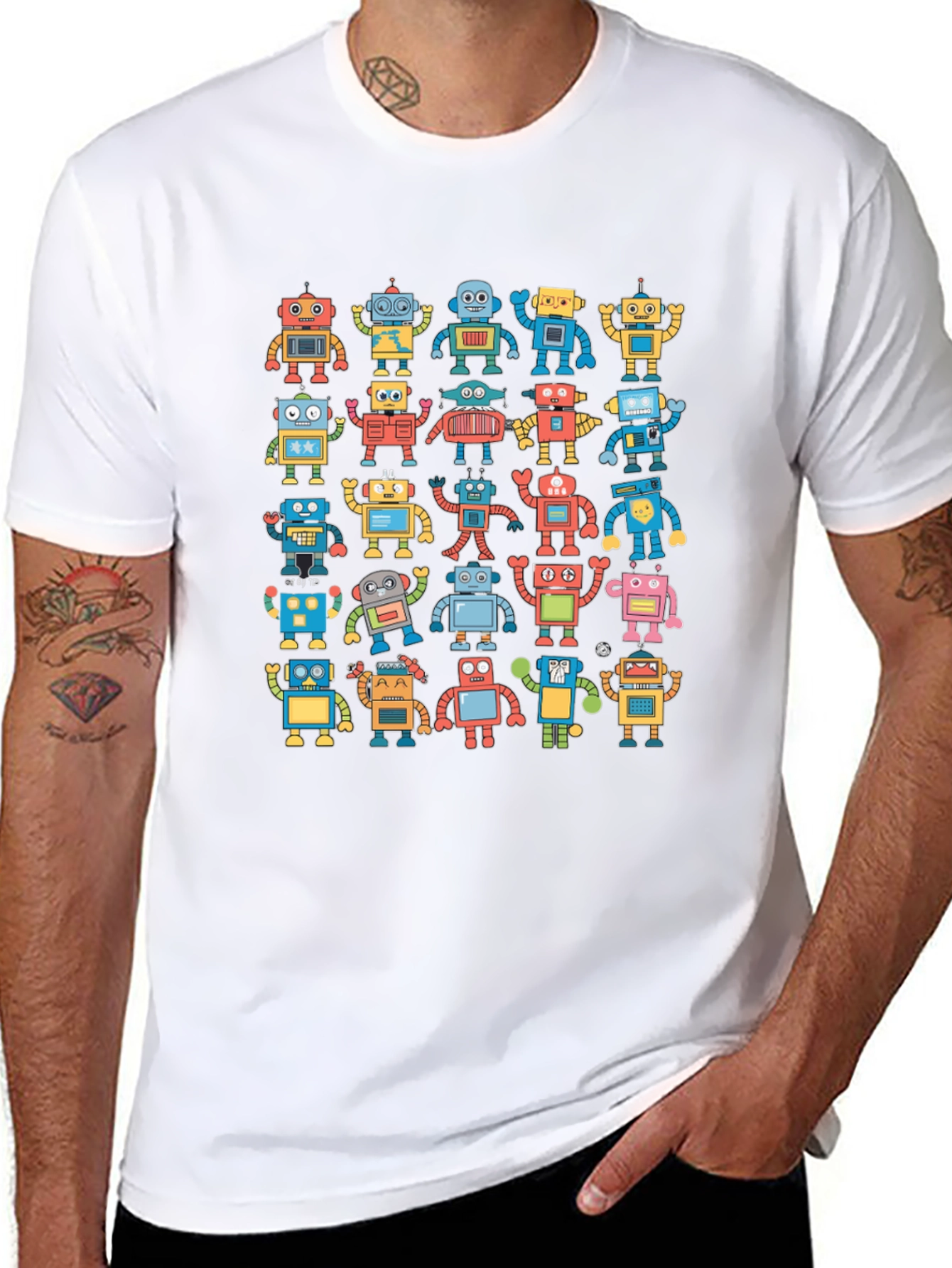 Retro Robot Print Black T-Shirt