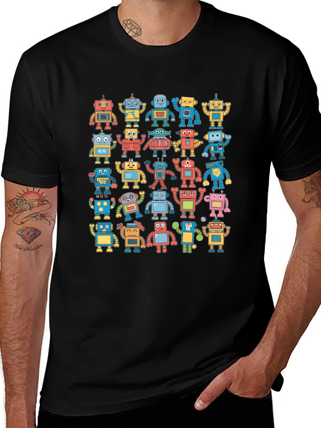 Retro Robot Print Black T-Shirt