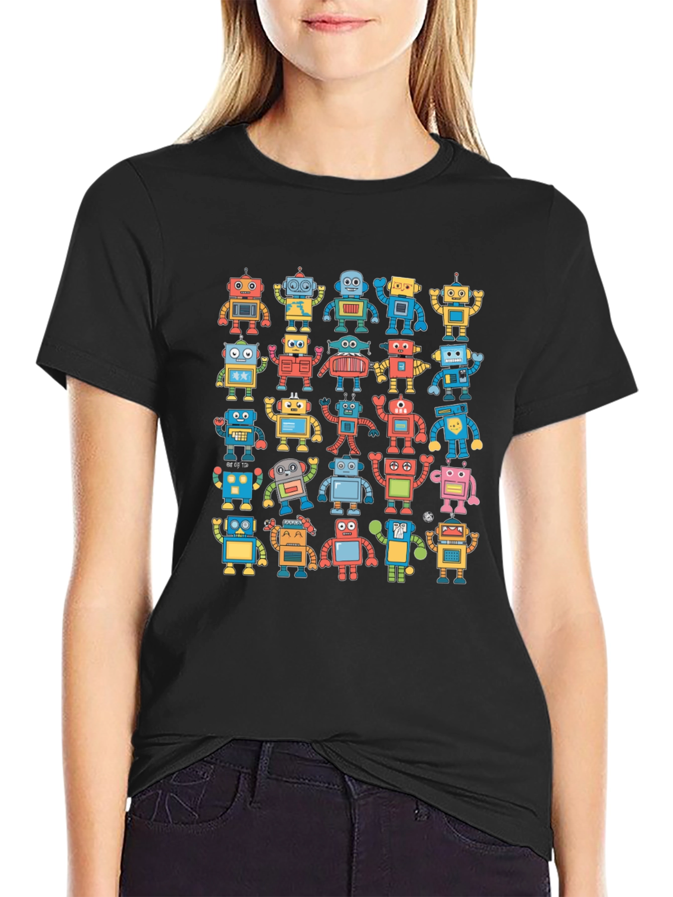 Retro Robot Print Black T-Shirt