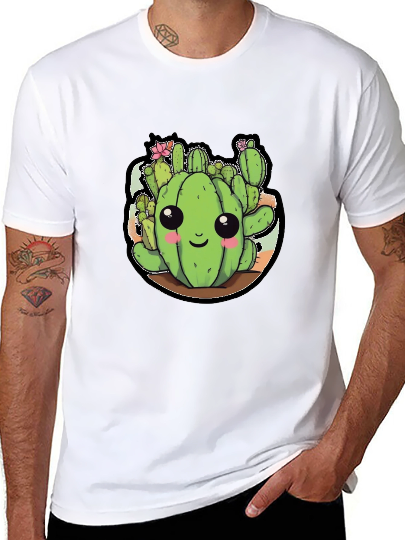 Cute Cactus Cartoon Black T-Shirt