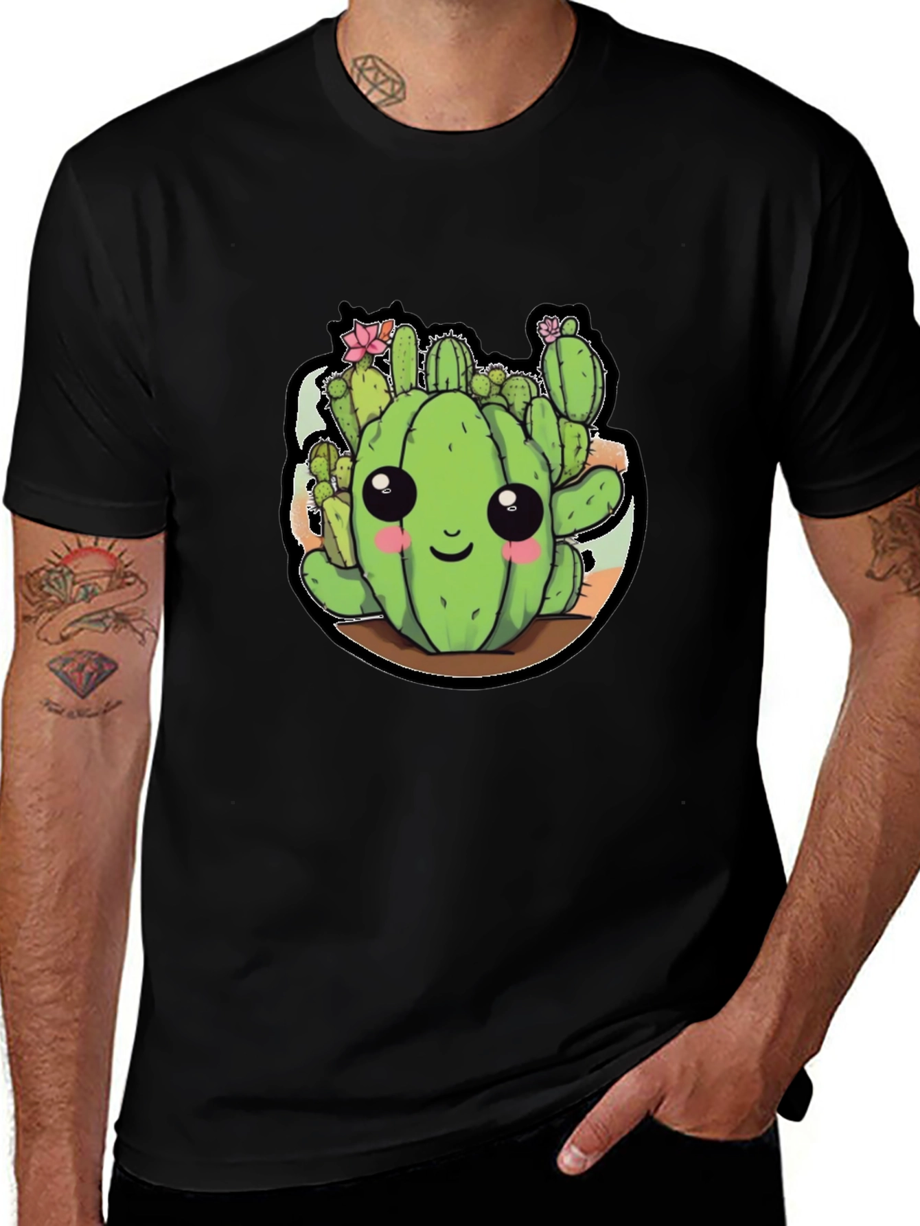Cute Cactus Cartoon Black T-Shirt