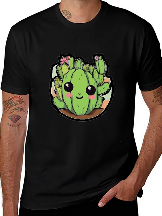 Cute Cactus Cartoon Black T-Shirt