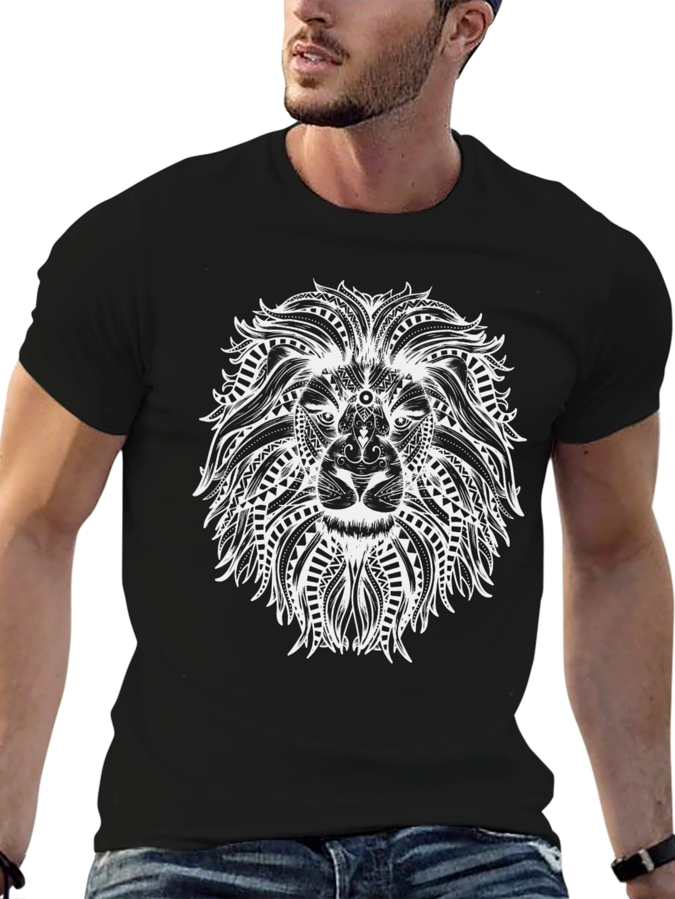 Tribal Lion Graphic Tee - Stylish Mens Black T-Shirt