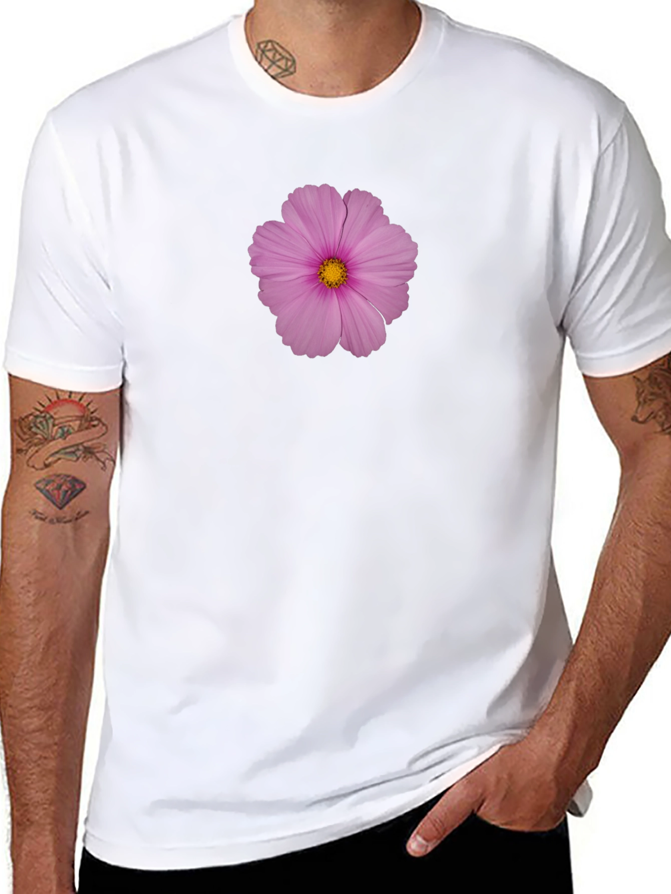 Pink Flower Print Black T-Shirt