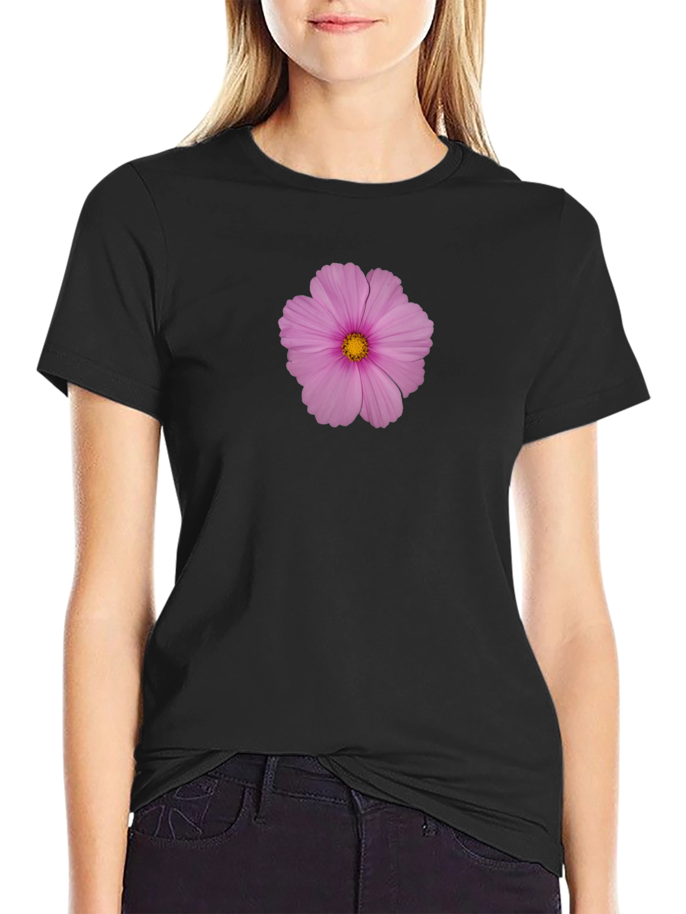 Pink Flower Print Black T-Shirt