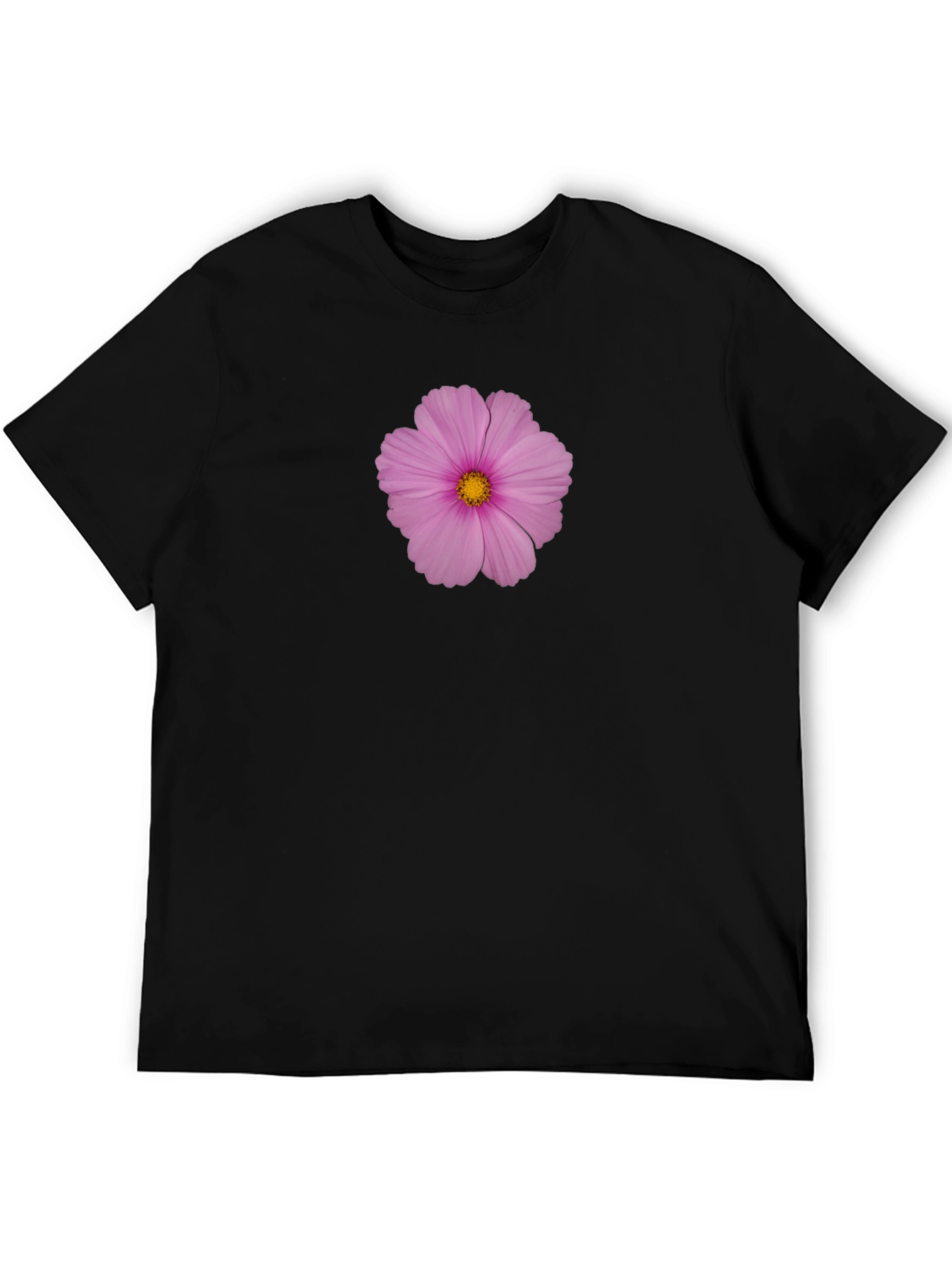 Pink Flower Print Black T-Shirt