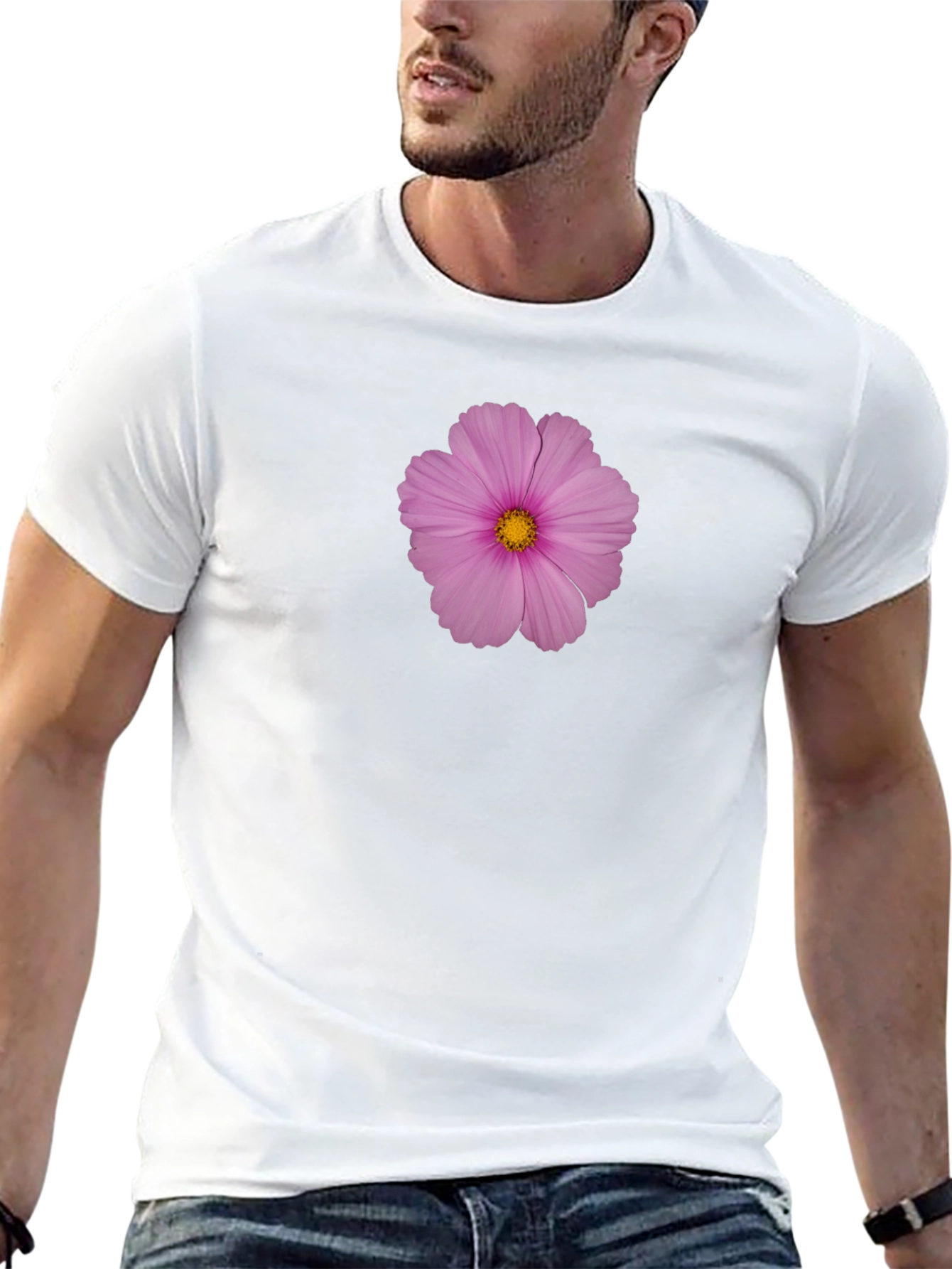 Pink Flower Print Black T-Shirt