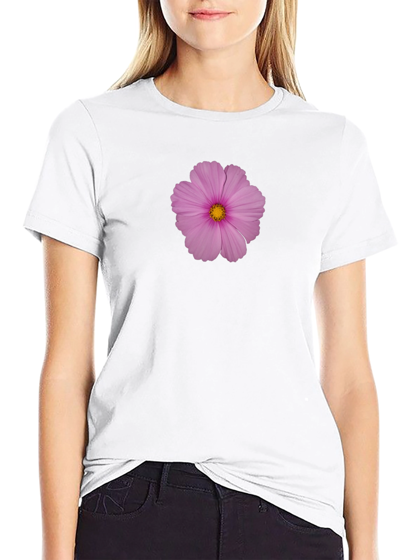 Pink Flower Print Black T-Shirt