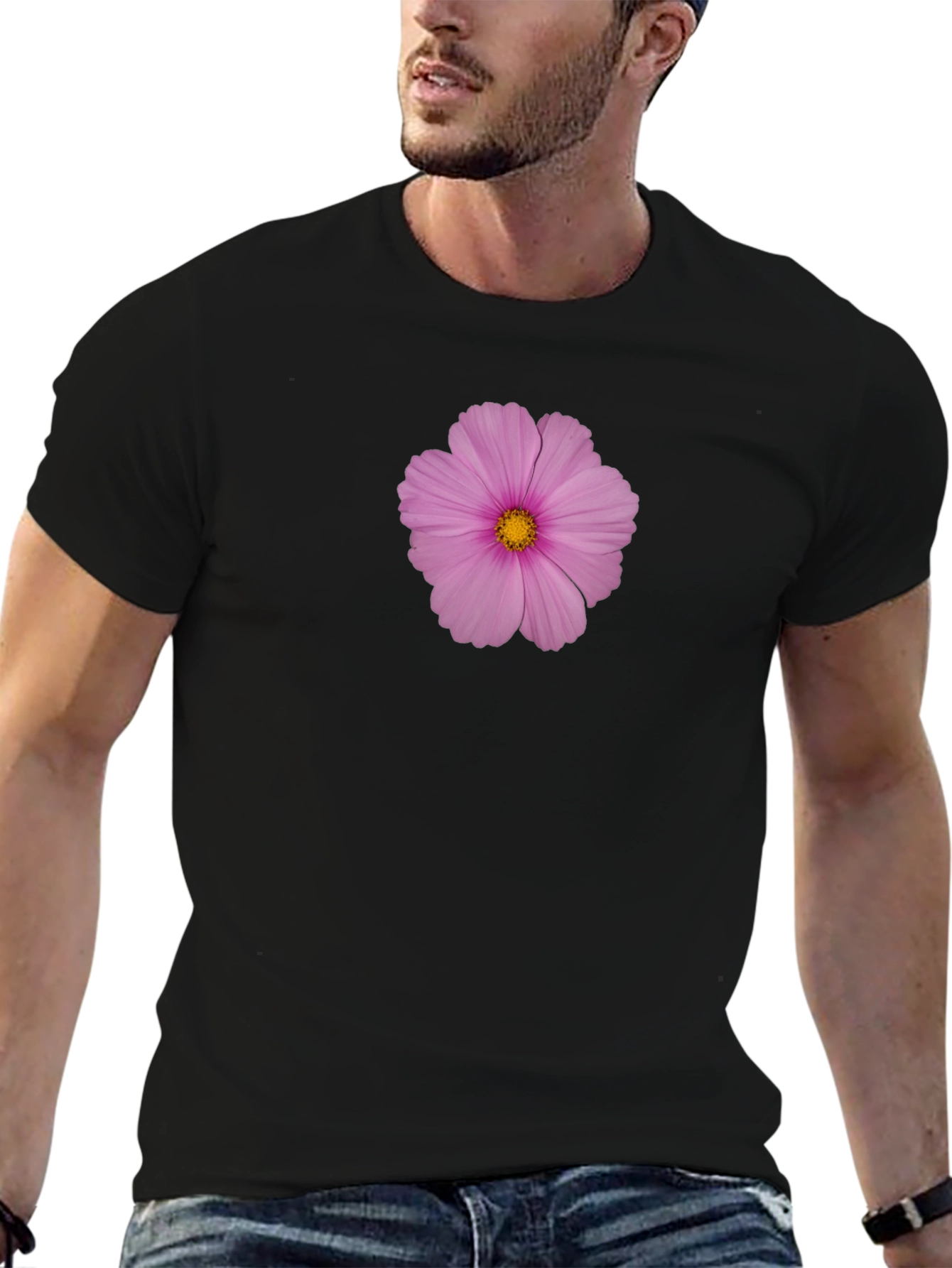 Pink Flower Print Black T-Shirt