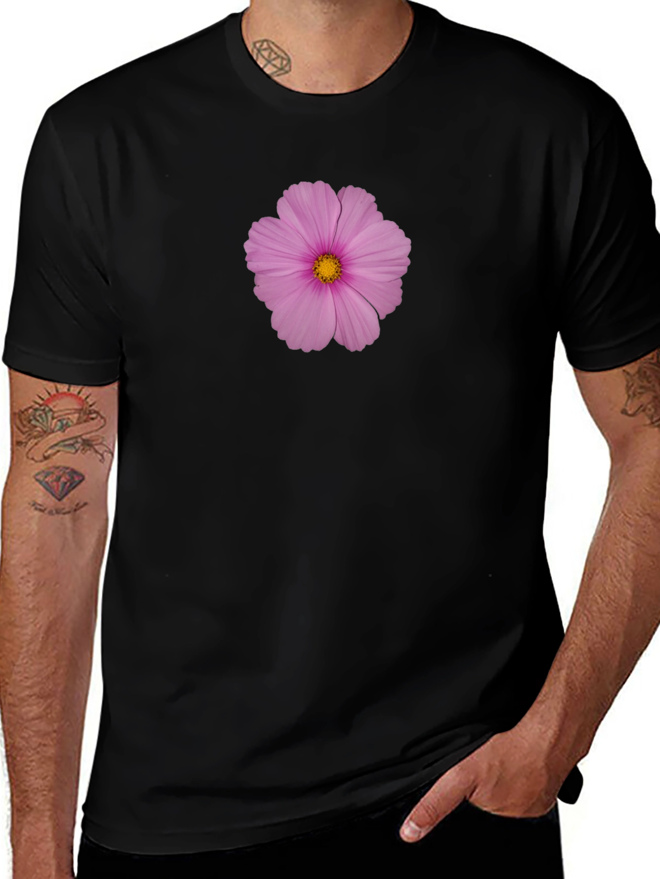 Pink Flower Print Black T-Shirt