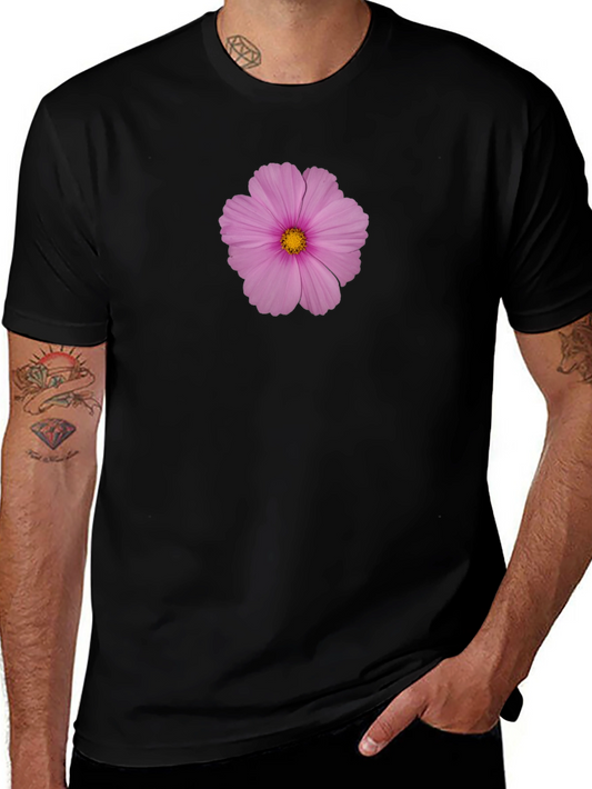 Pink Flower Print Black T-Shirt