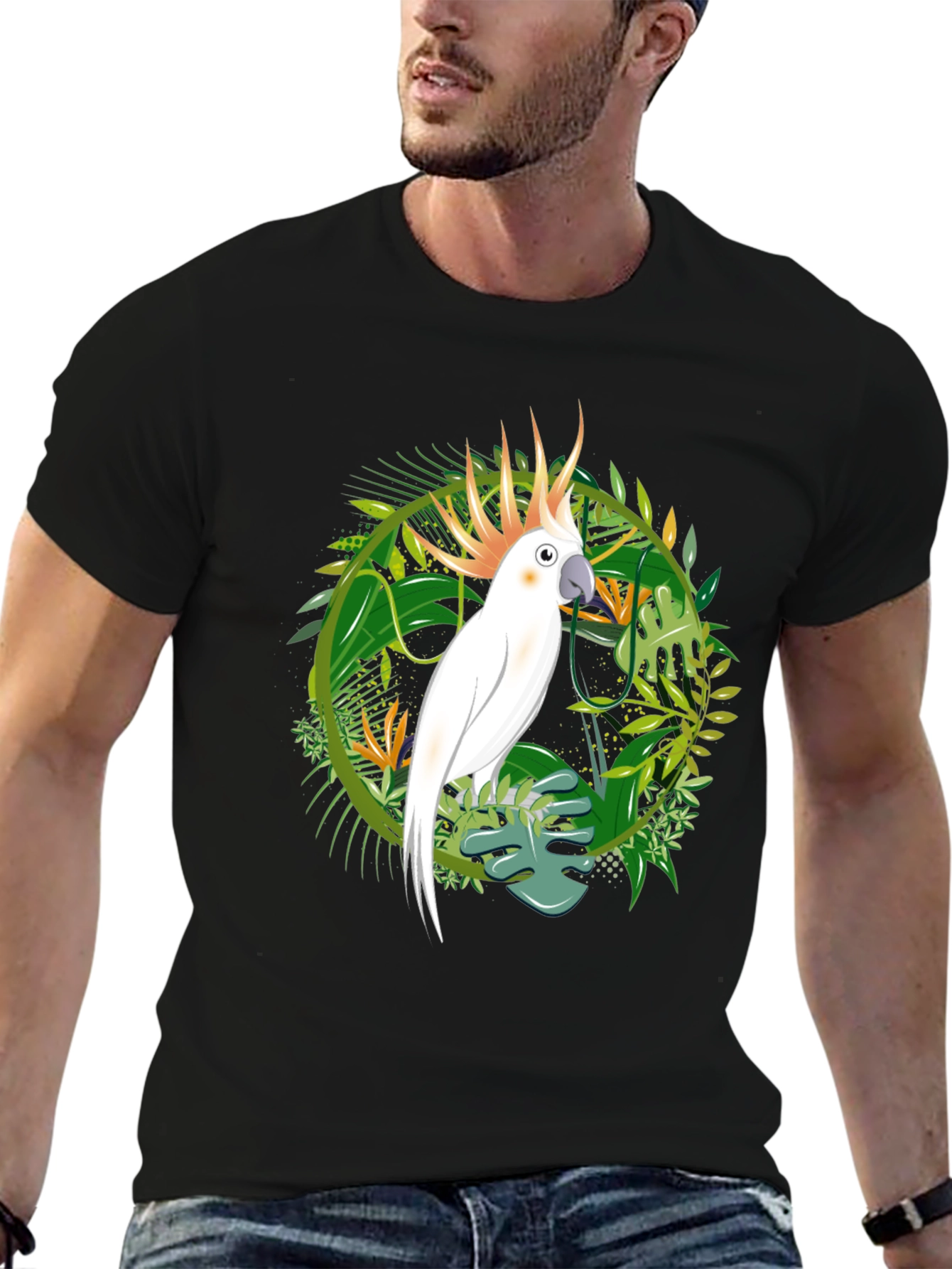 Tropical Cockatoo Graphic Tee - Mens Black T-Shirt