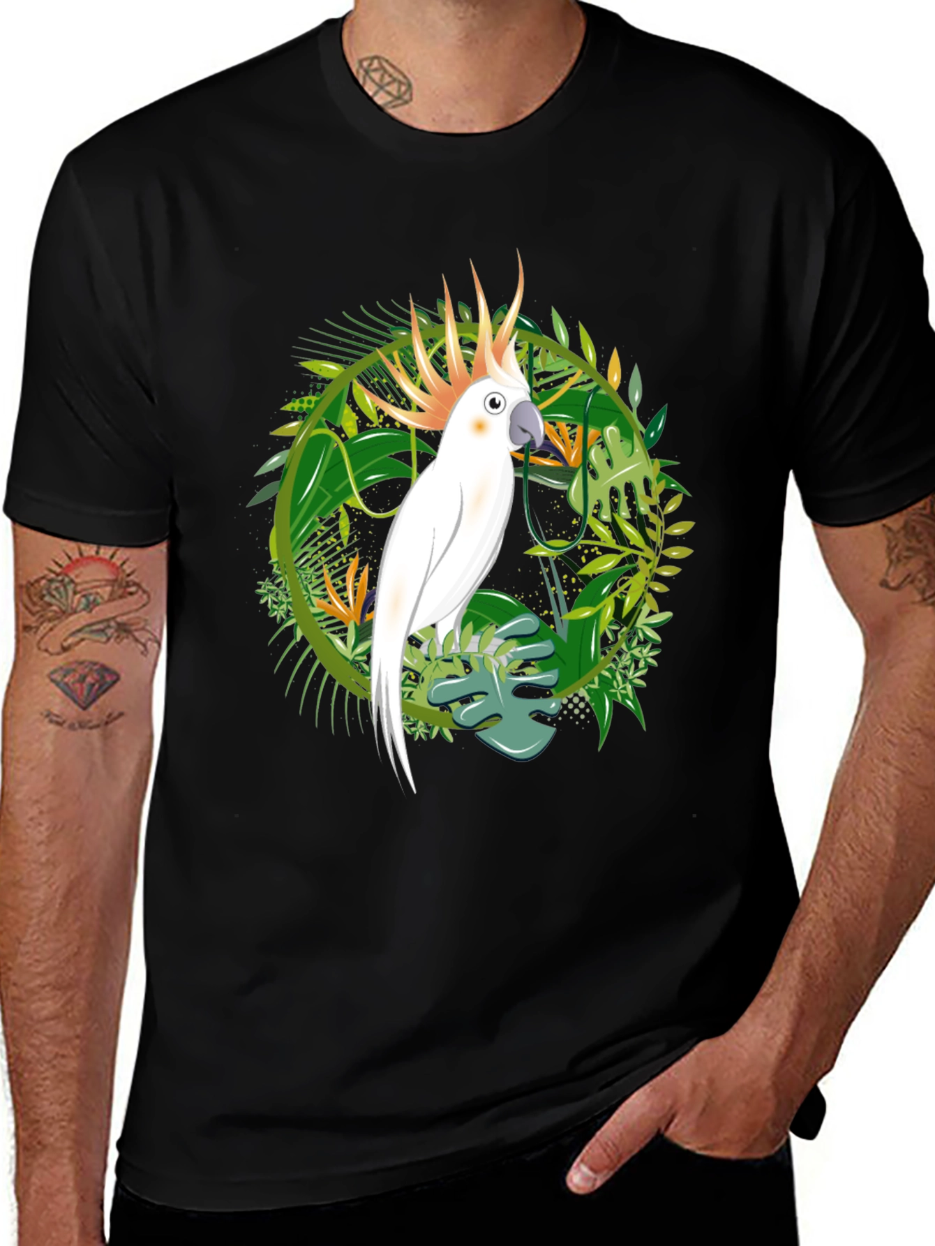 Tropical Cockatoo Graphic Tee - Mens Black T-Shirt
