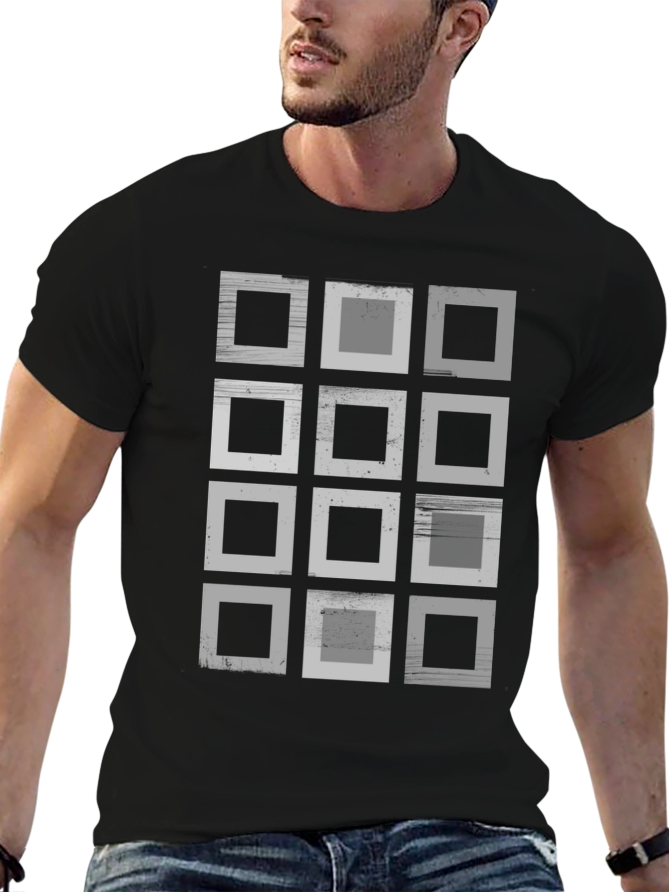 Abstract Geometric Squares Graphic Print Black T-Shirt