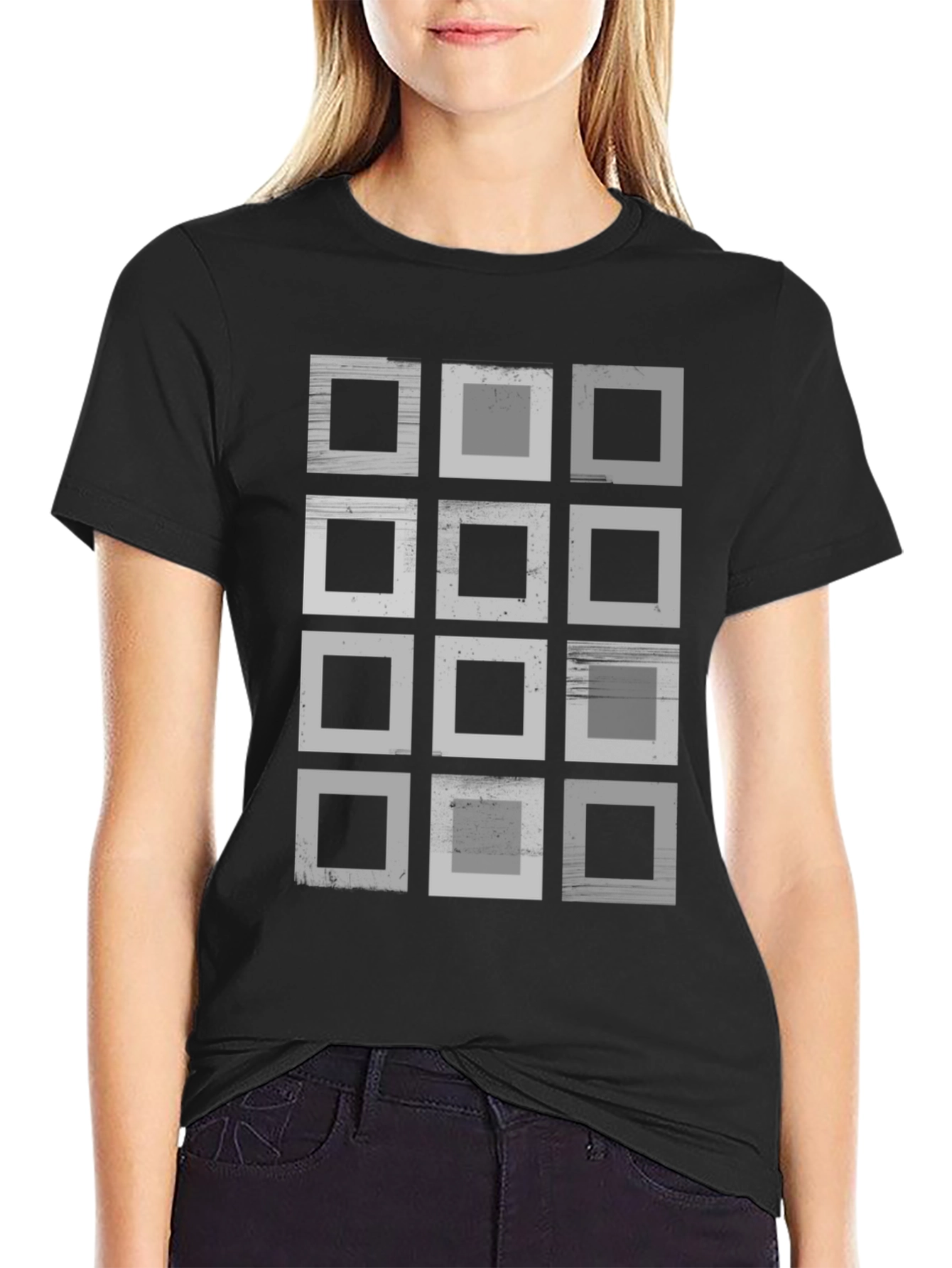 Abstract Geometric Squares Graphic Print Black T-Shirt