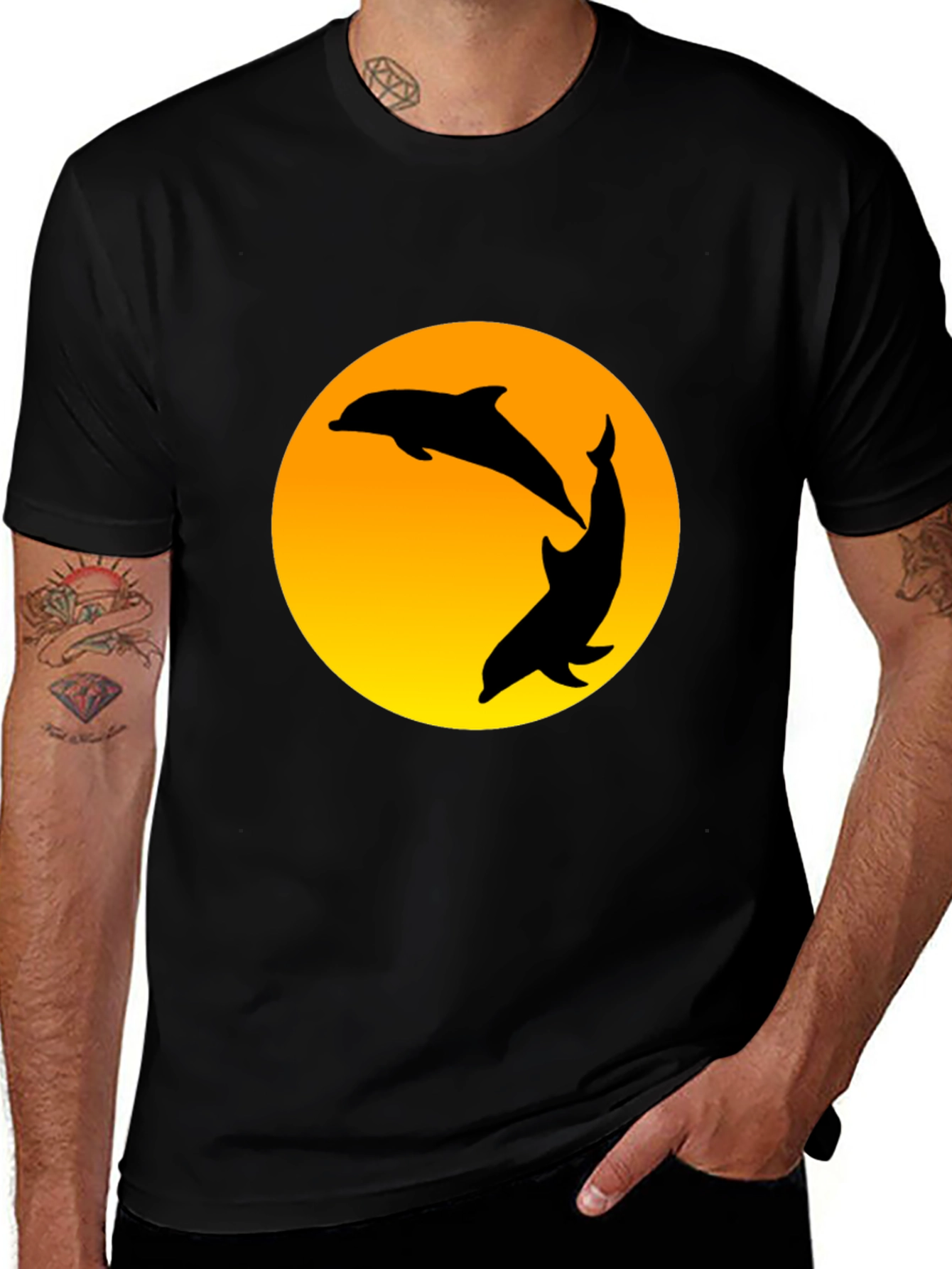 Dolphin Sunset Graphic T-Shirt - Black