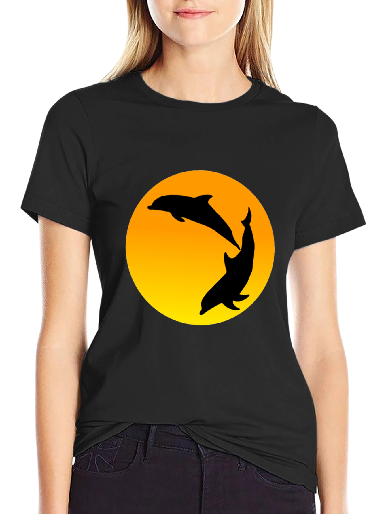 Dolphin Sunset Graphic T-Shirt - Black