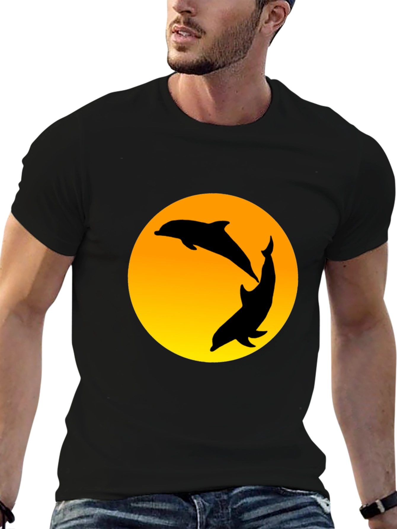 Dolphin Sunset Graphic T-Shirt - Black