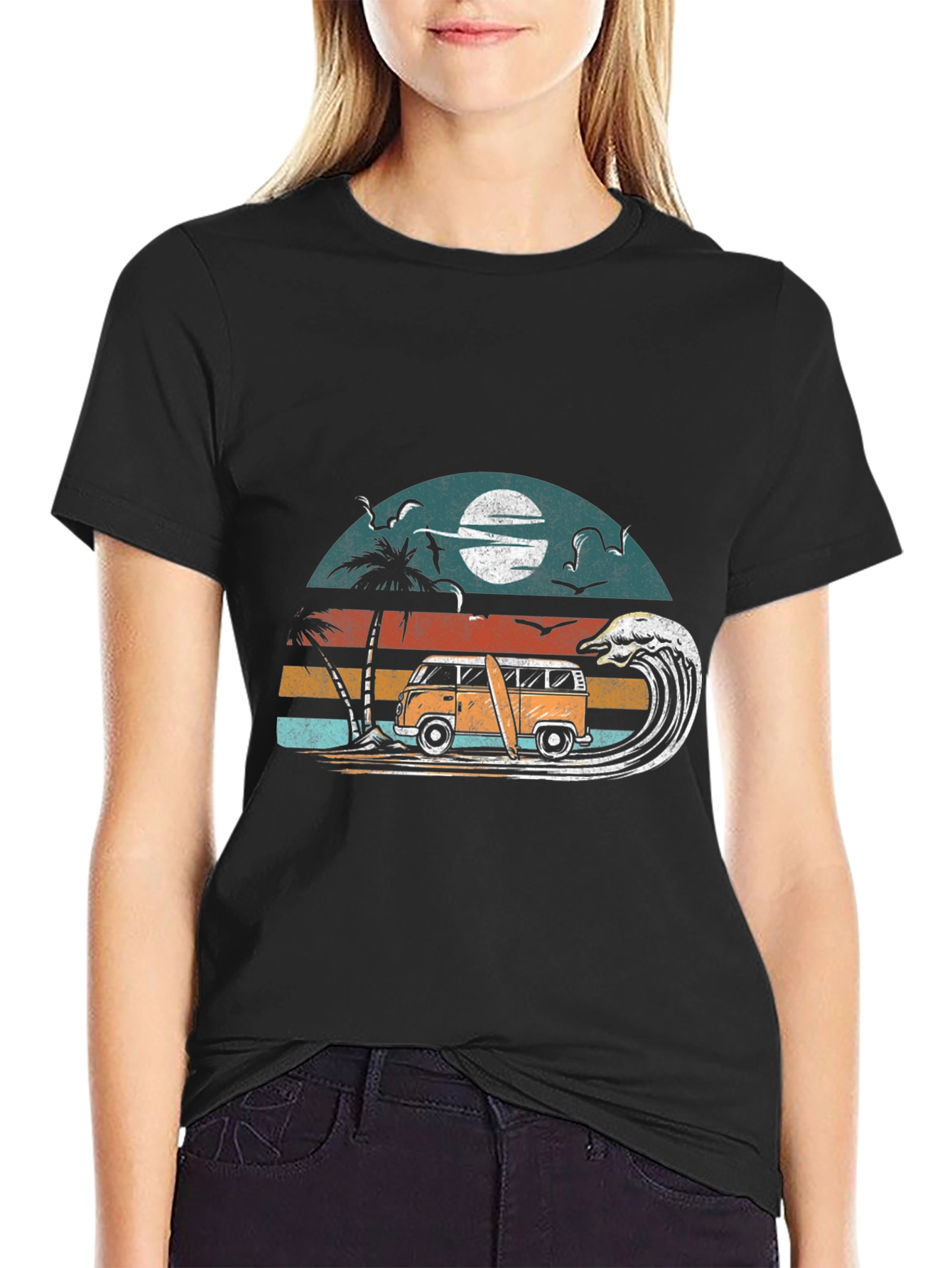 Retro Surf Van Tee - Black Cotton Graphic T-Shirt