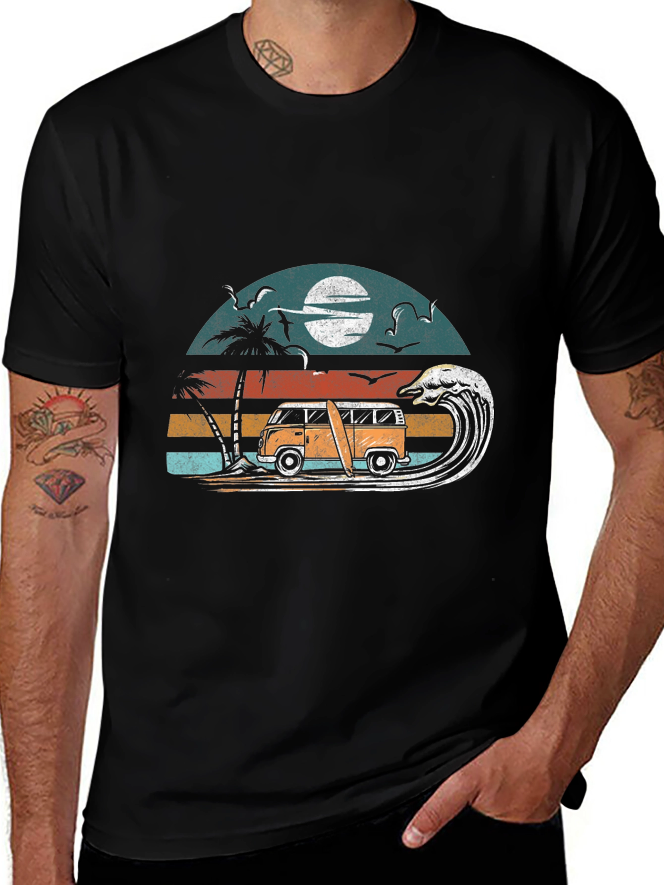 Retro Surf Van Tee - Black Cotton Graphic T-Shirt