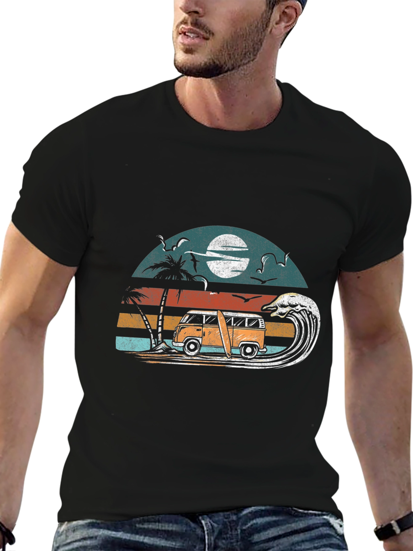 Retro Surf Van Tee - Black Cotton Graphic T-Shirt