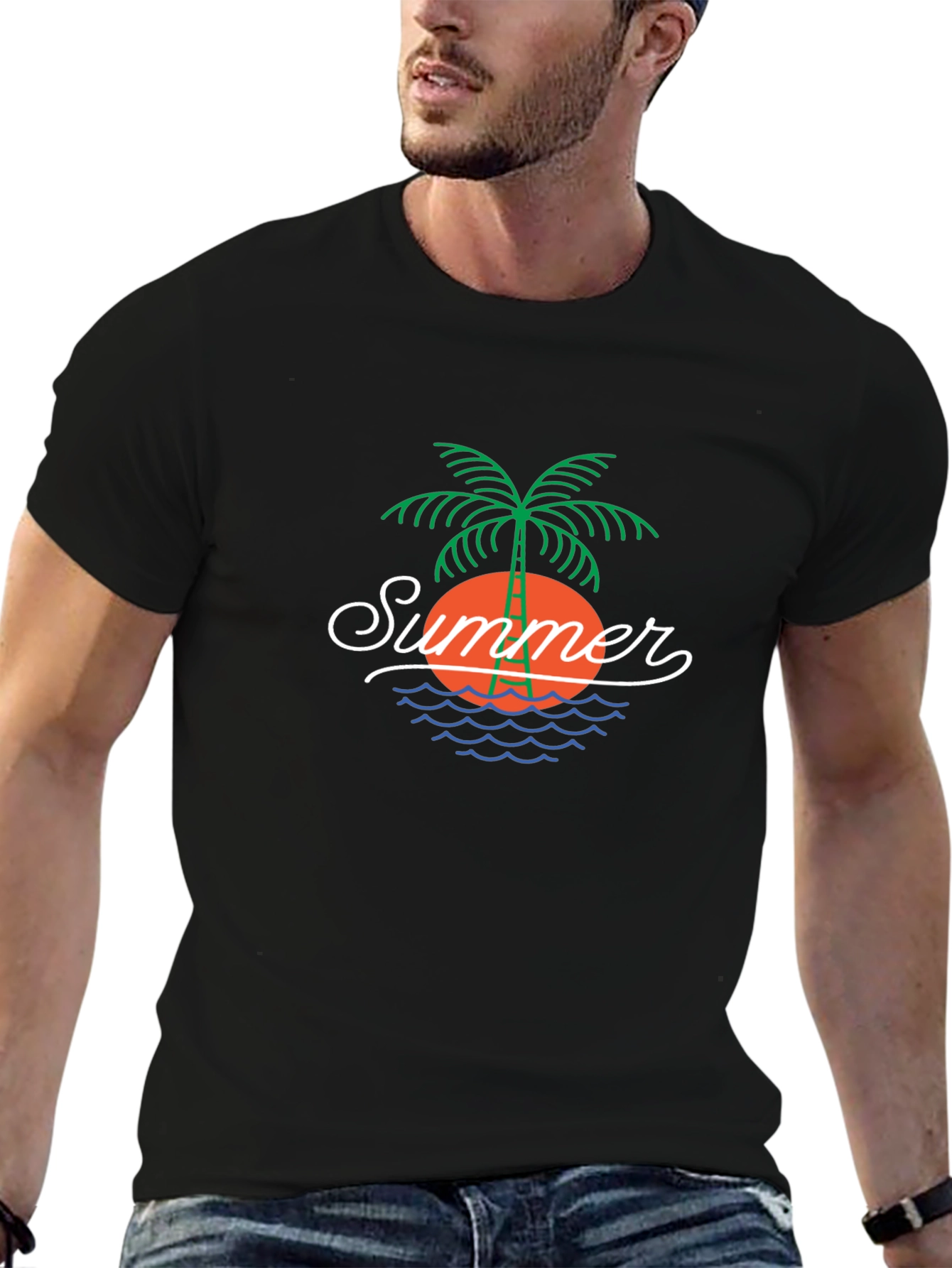 Summer Palm Tree Graphic Black T-Shirt