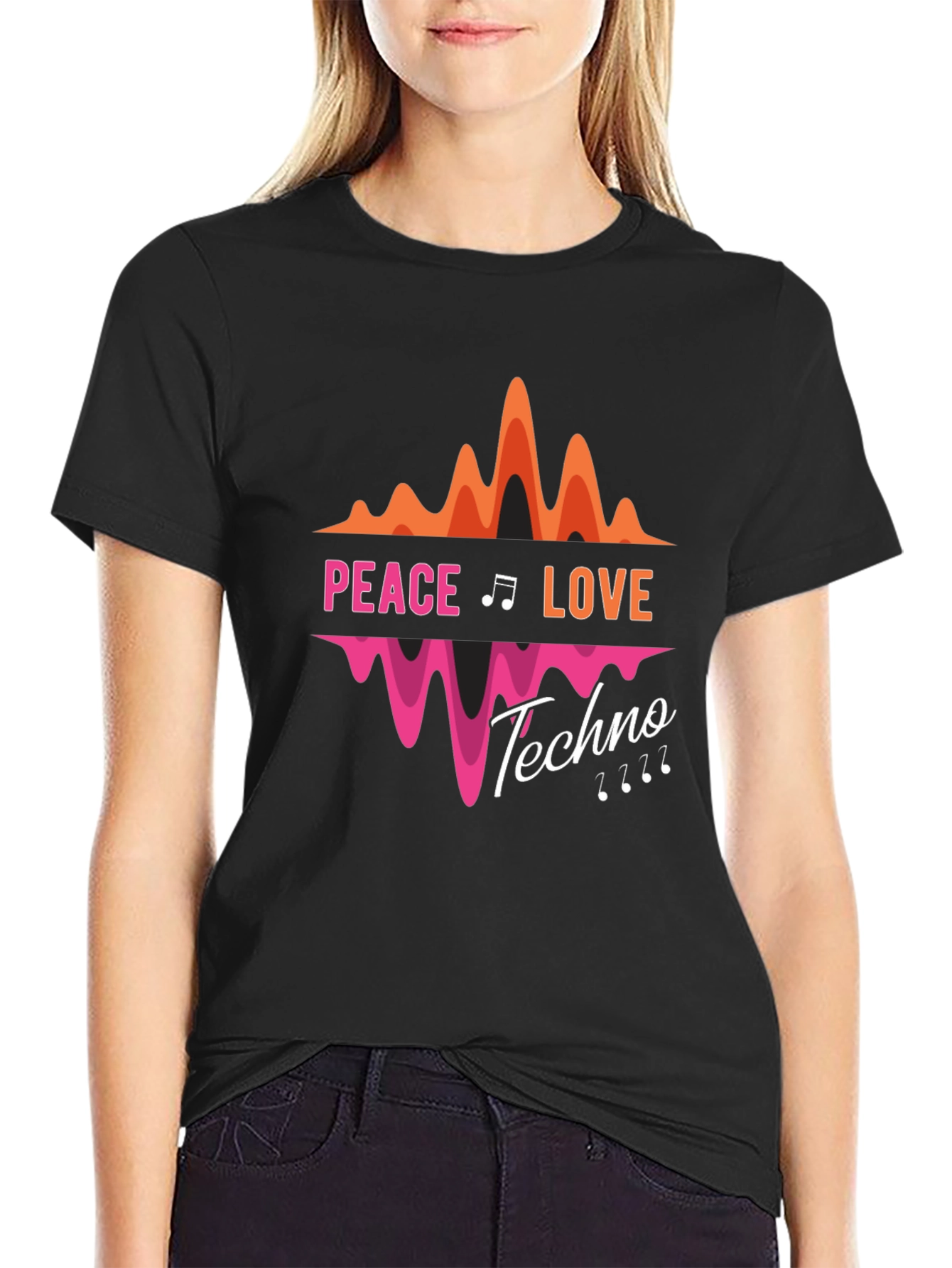 Peace Love Techno Black Graphic T-Shirt