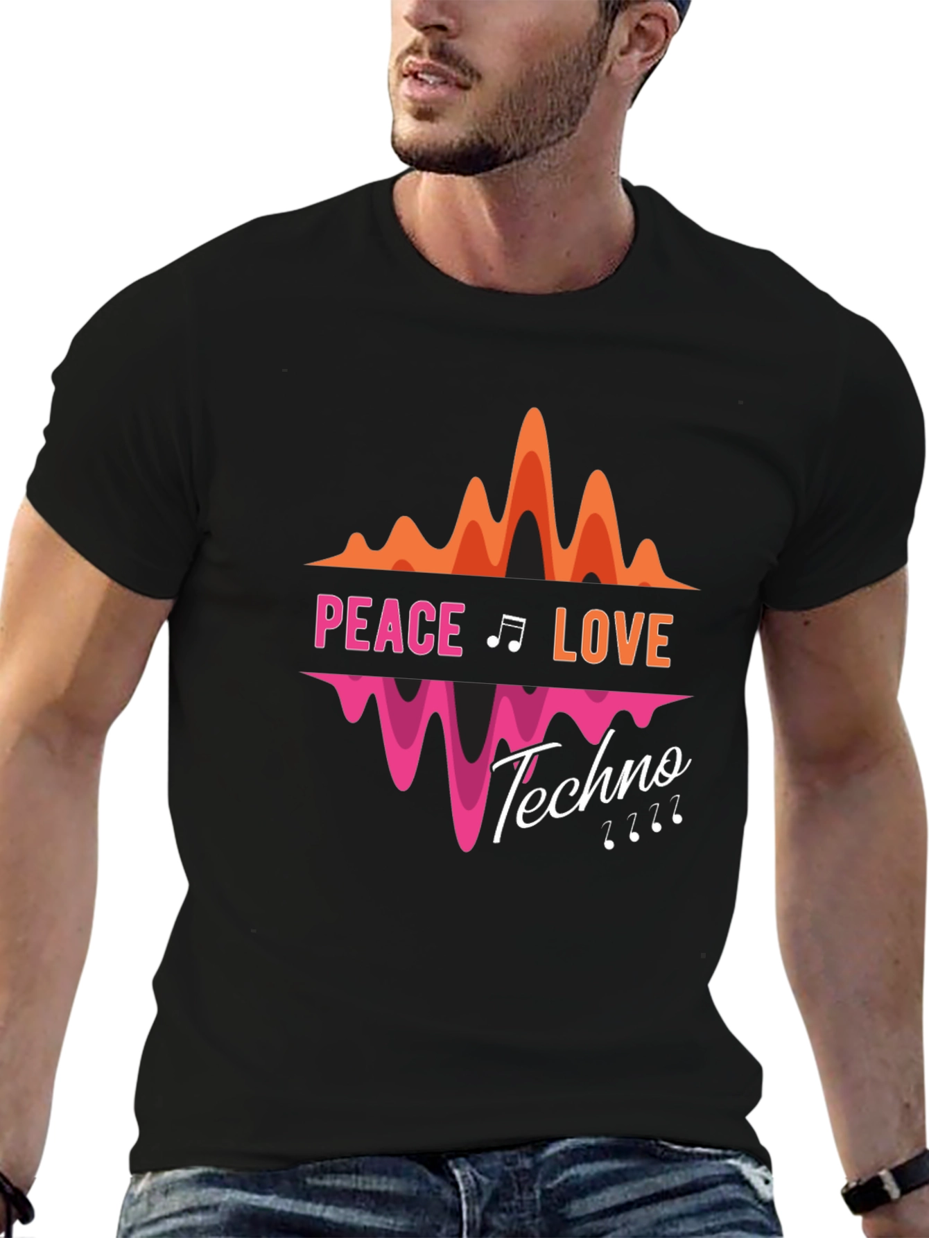 Peace Love Techno Black Graphic T-Shirt