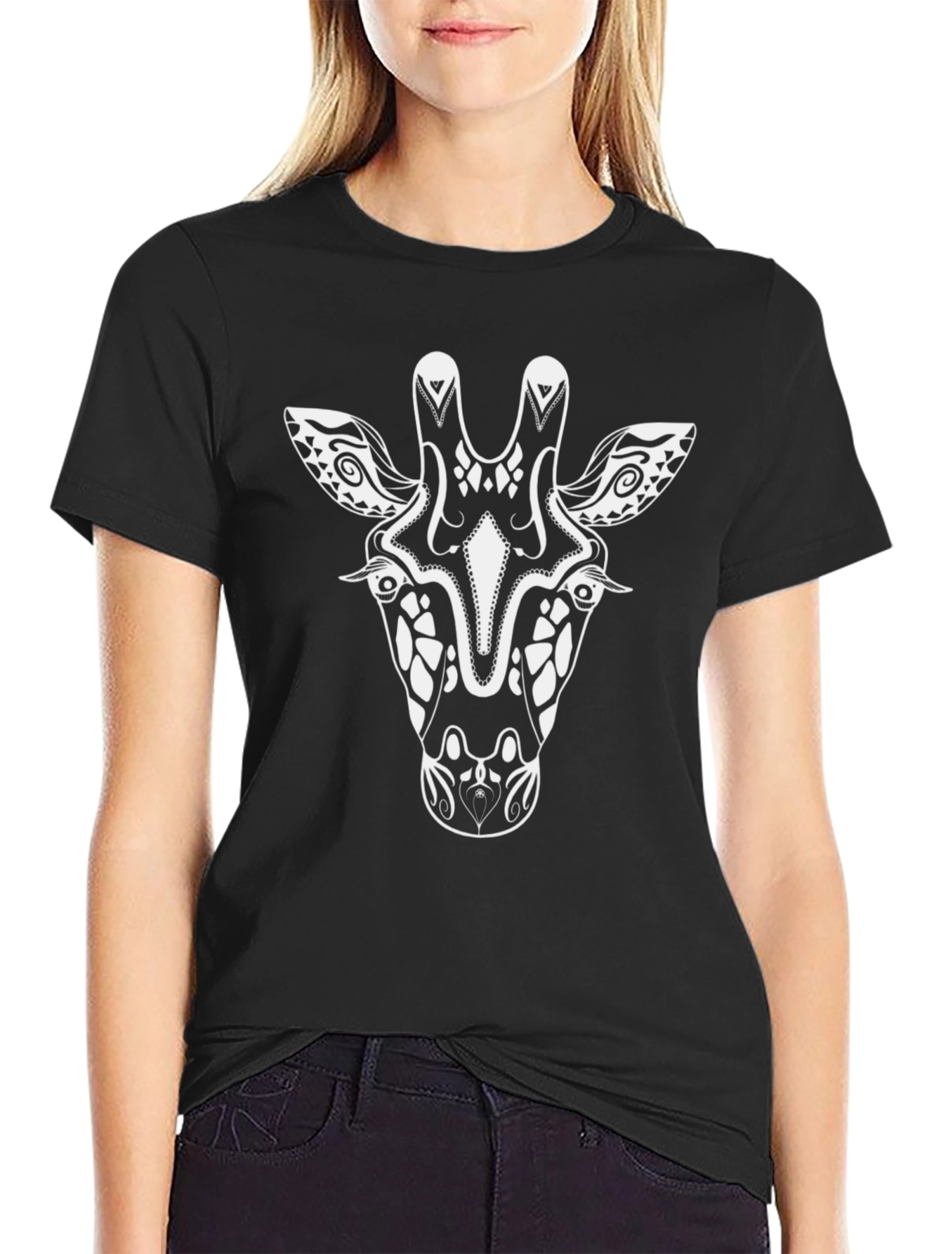 Abstract Giraffe Graphic Tee - Black Cotton Shirt