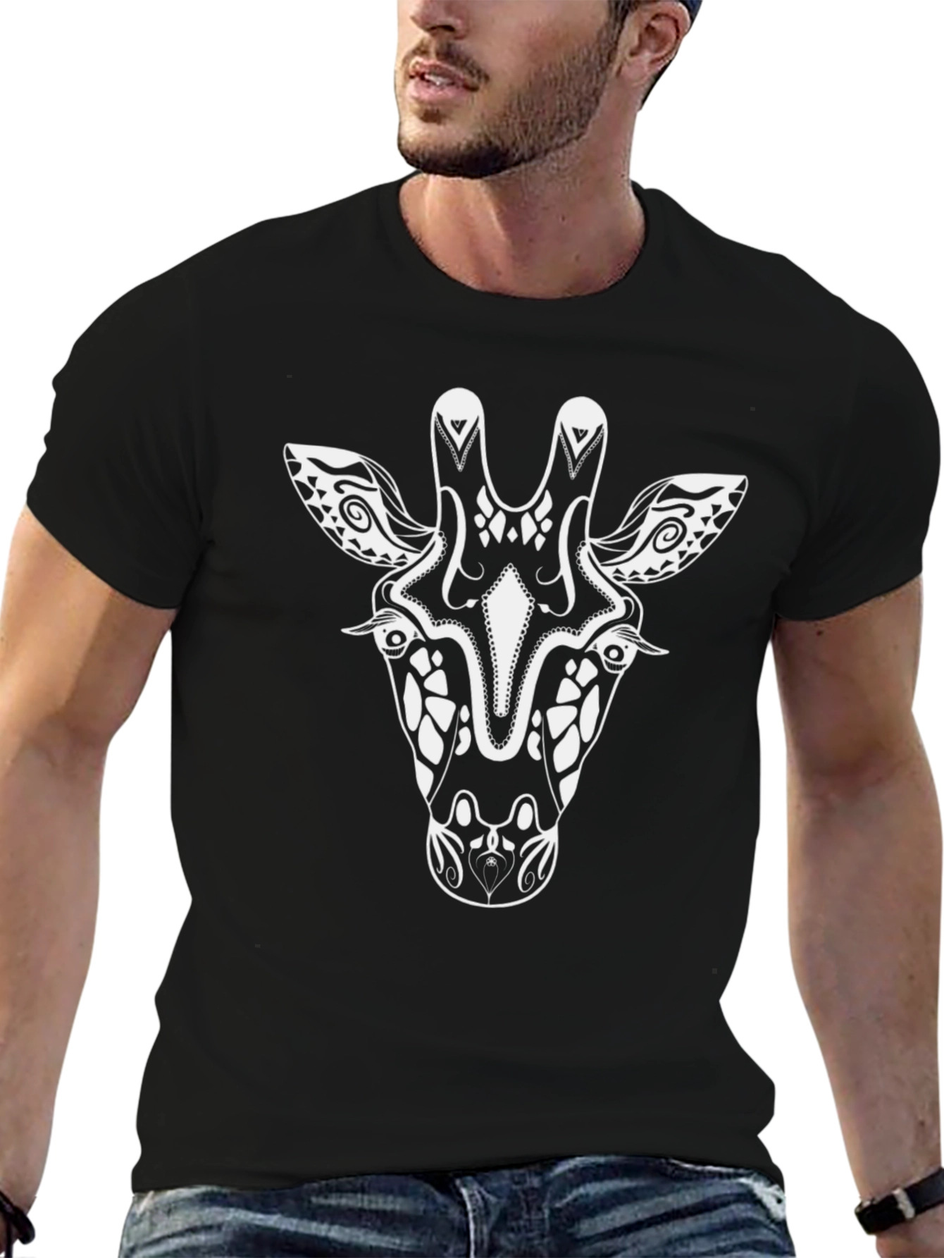 Abstract Giraffe Graphic Tee - Black Cotton Shirt
