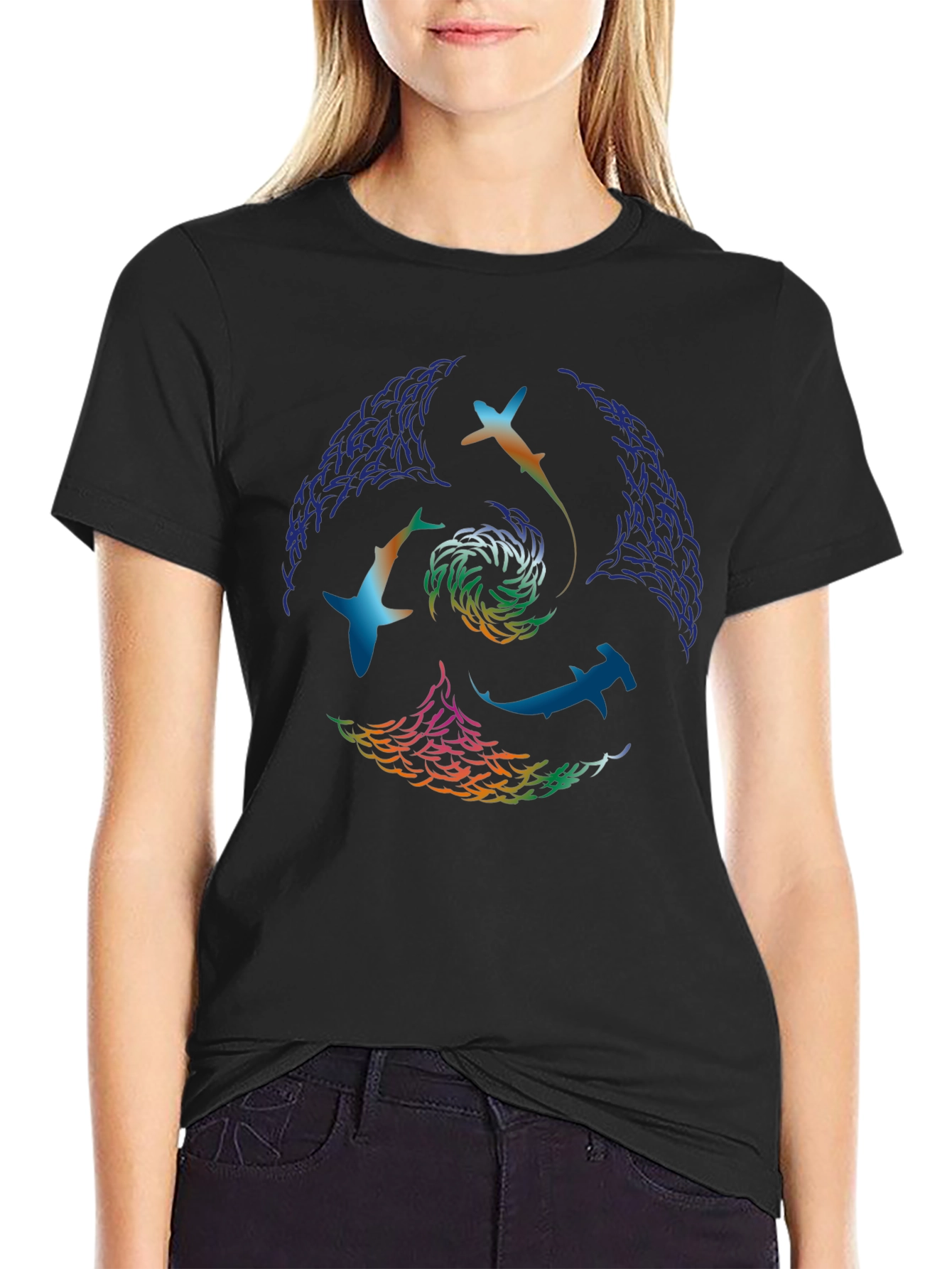 Abstract Shark Swirl Graphic Tee - Black