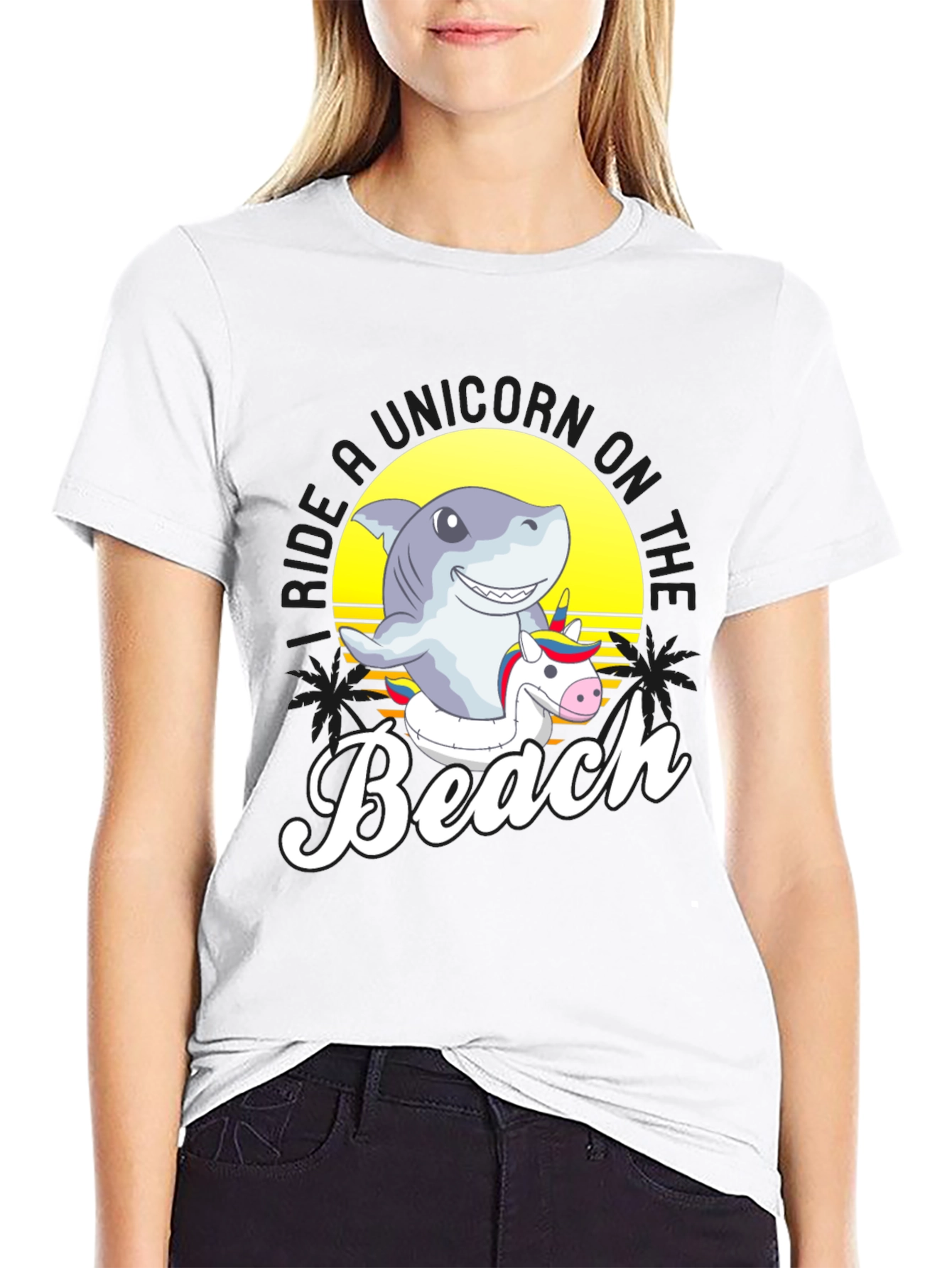 Shark Riding Unicorn Beach T-Shirt