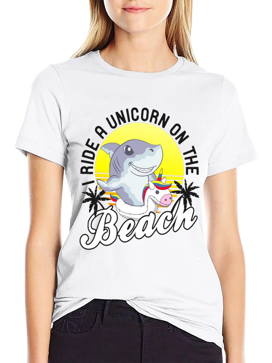 Shark Riding Unicorn Beach T-Shirt