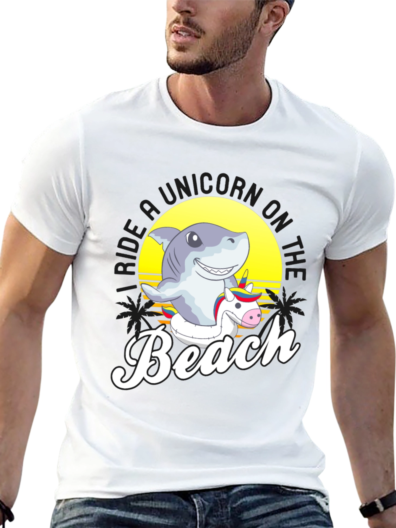 Shark Riding Unicorn Beach T-Shirt