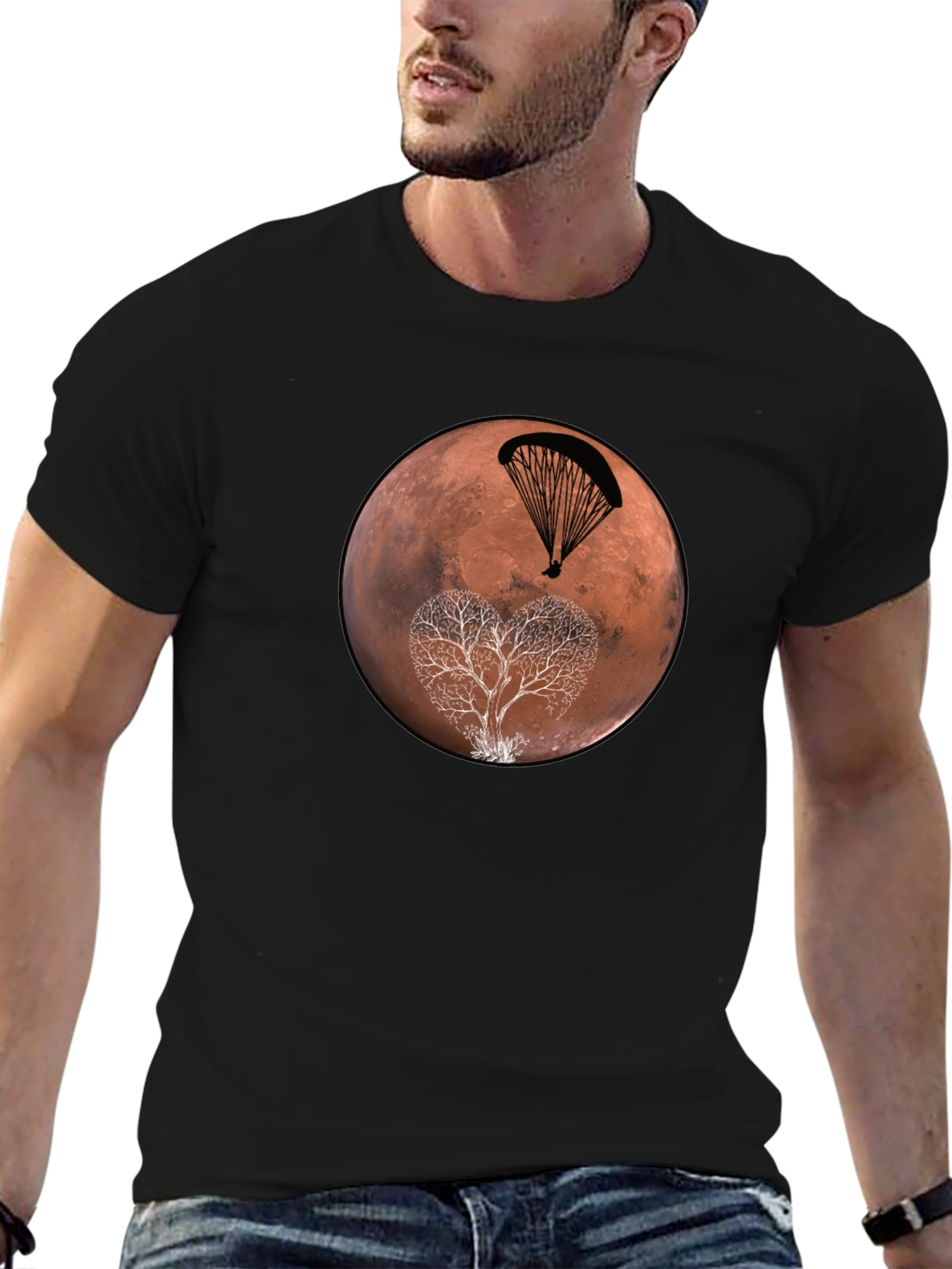 Mars Paragliding Heart Tree Black T-Shirt
