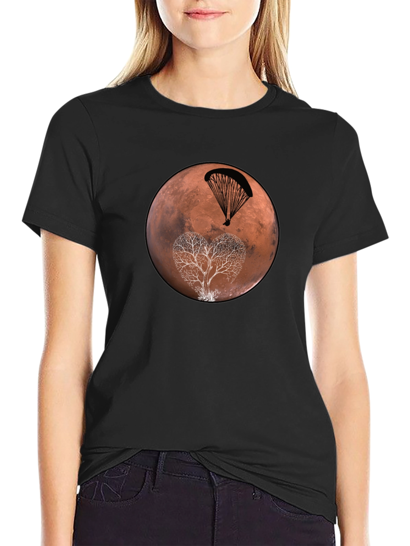 Mars Paragliding Heart Tree Black T-Shirt