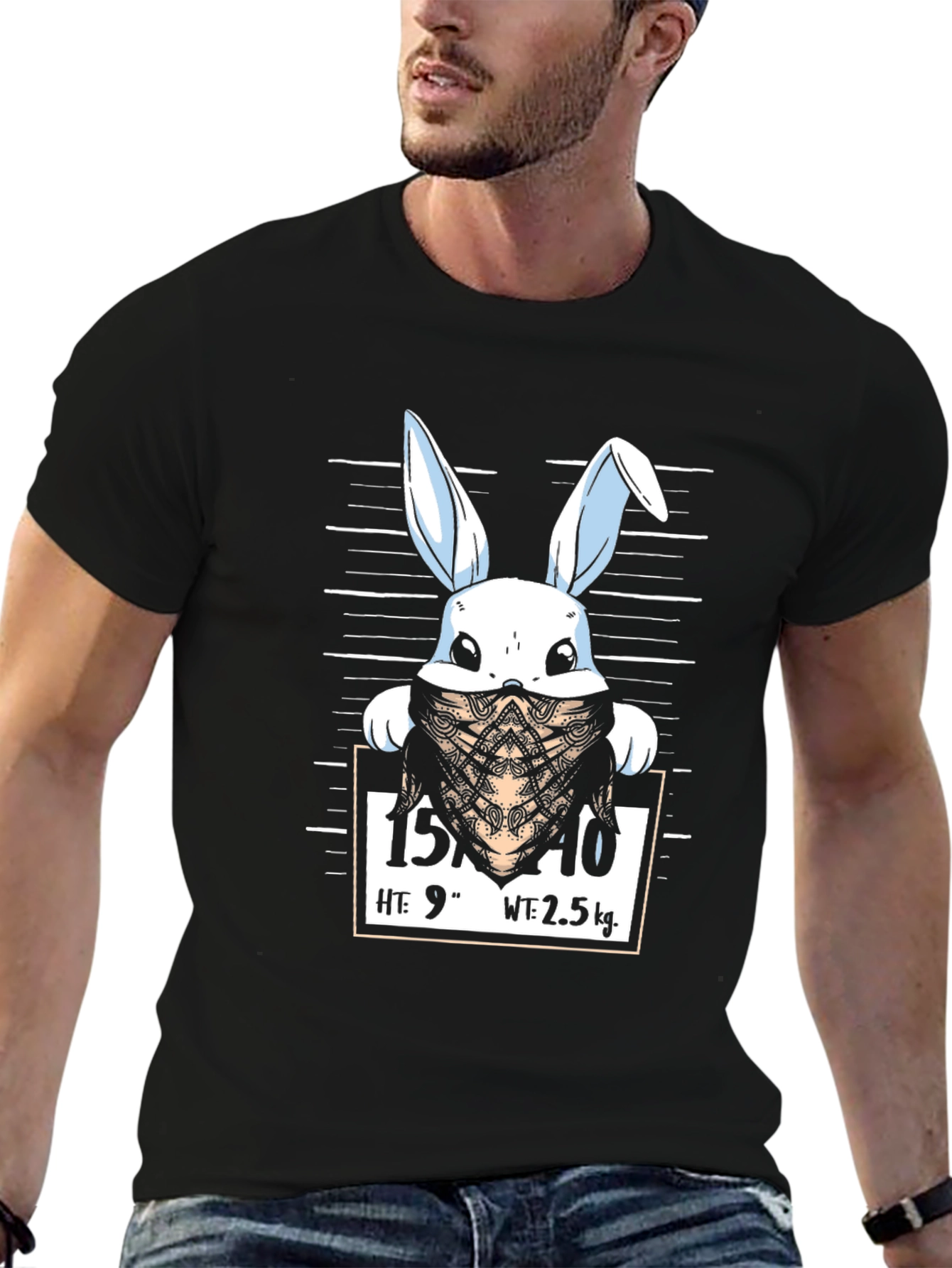Funny Bunny Mugshot Black Graphic T-Shirt