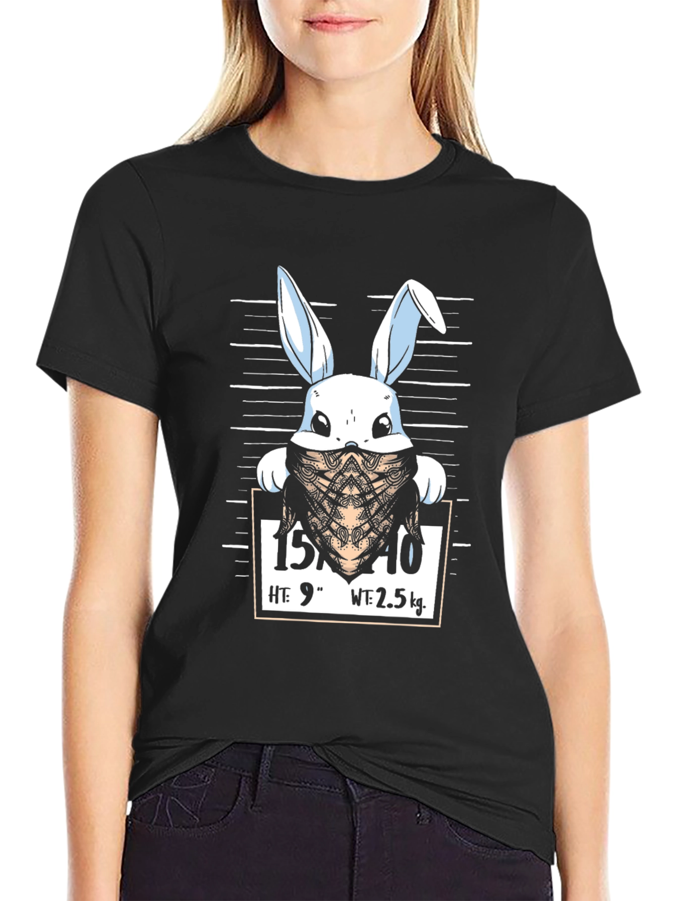 Funny Bunny Mugshot Black Graphic T-Shirt