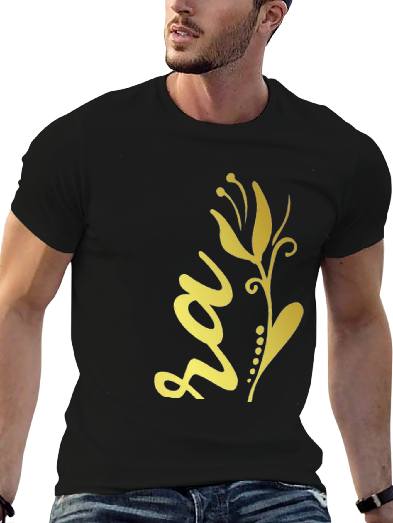 Black Tee with Golden Floral Design