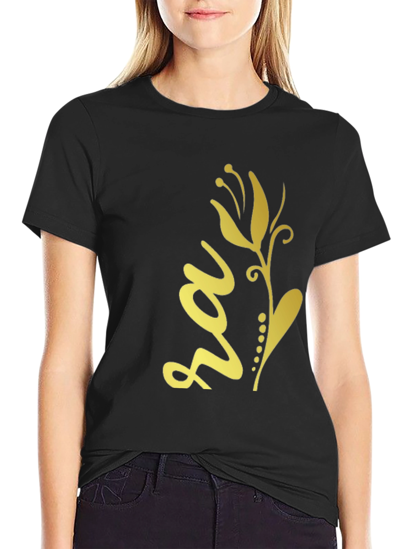 Black Tee with Golden Floral Design