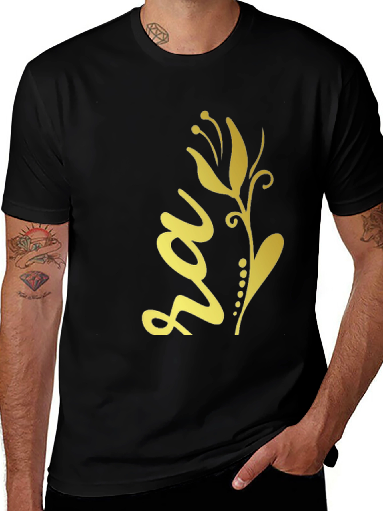Black Tee with Golden Floral Design