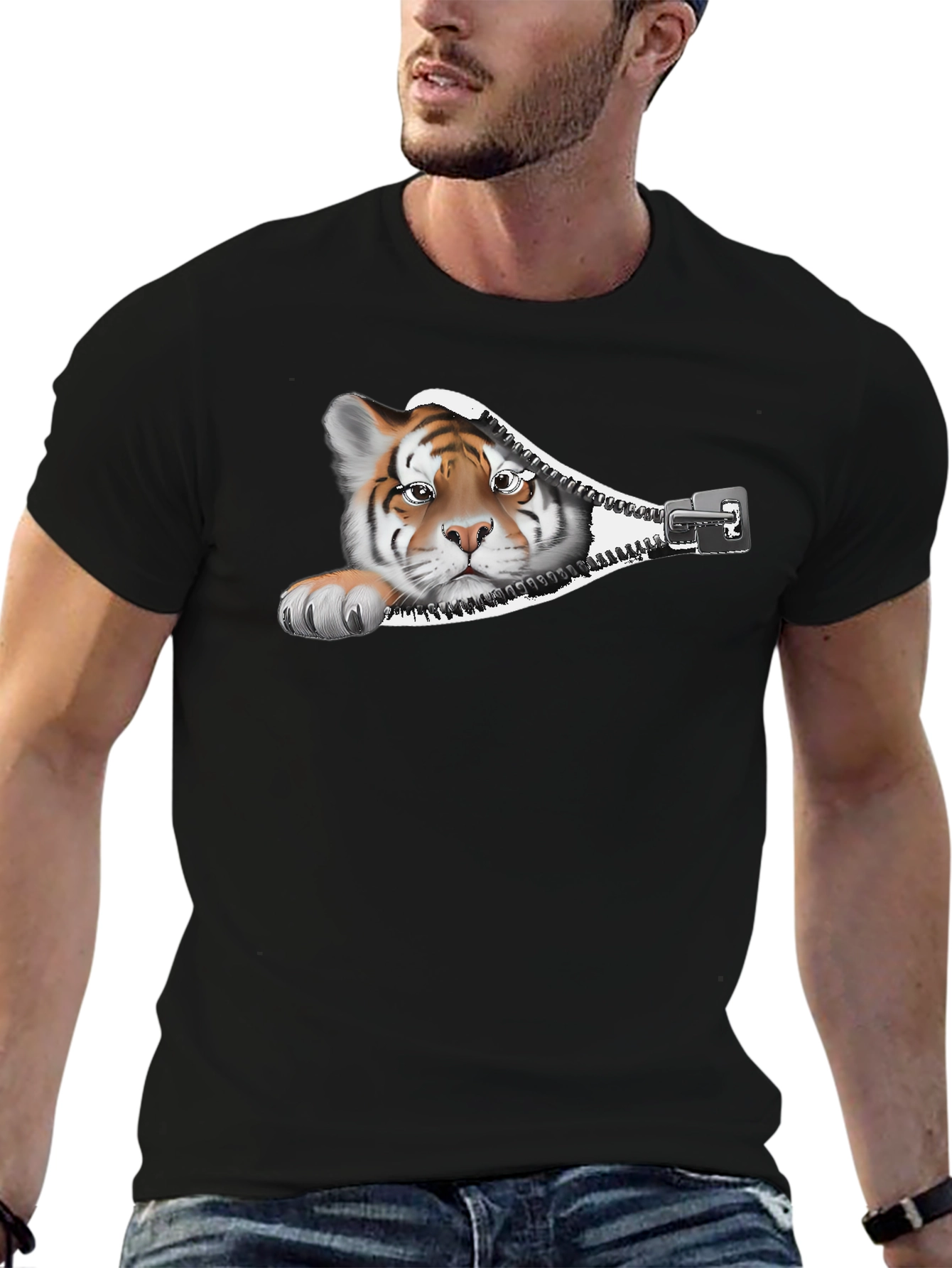 Tiger Zipper Graphic Print T-Shirt